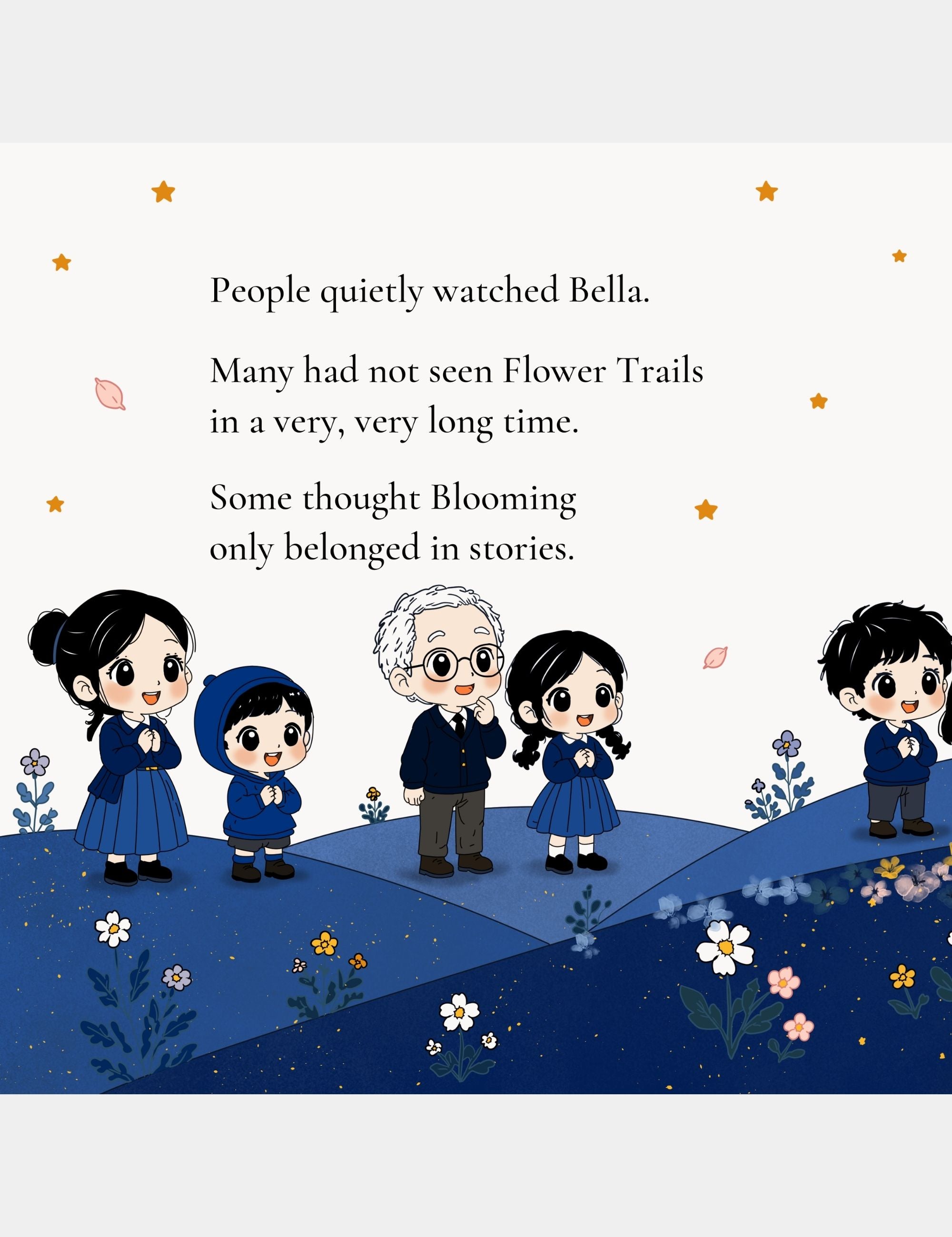 Children’s book illustration by Casey Huang featuring a group of chibi-style people quietly watching Bella as Flower Trails return across the quiet hills of Big Blue.
