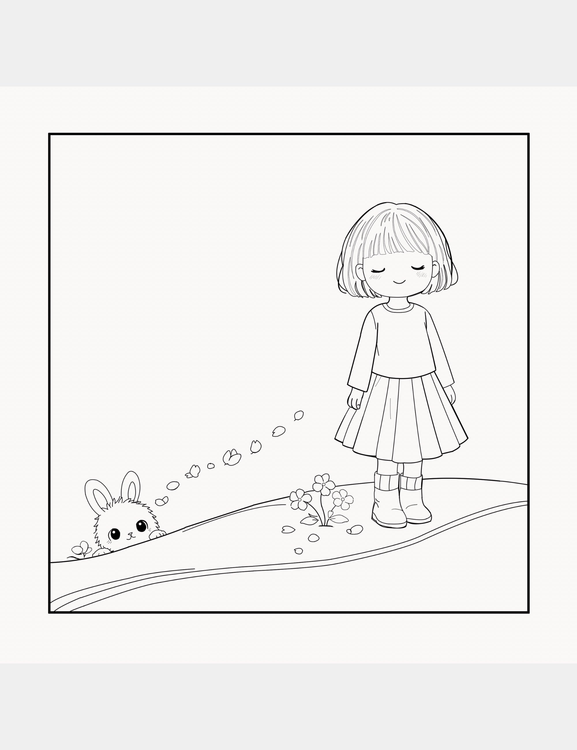 A peaceful children’s coloring page showing Bella and her bunny friend Bun in a gentle outdoor scene with flowers, petals, and soft lines designed for calming creative play and emotional comfort.