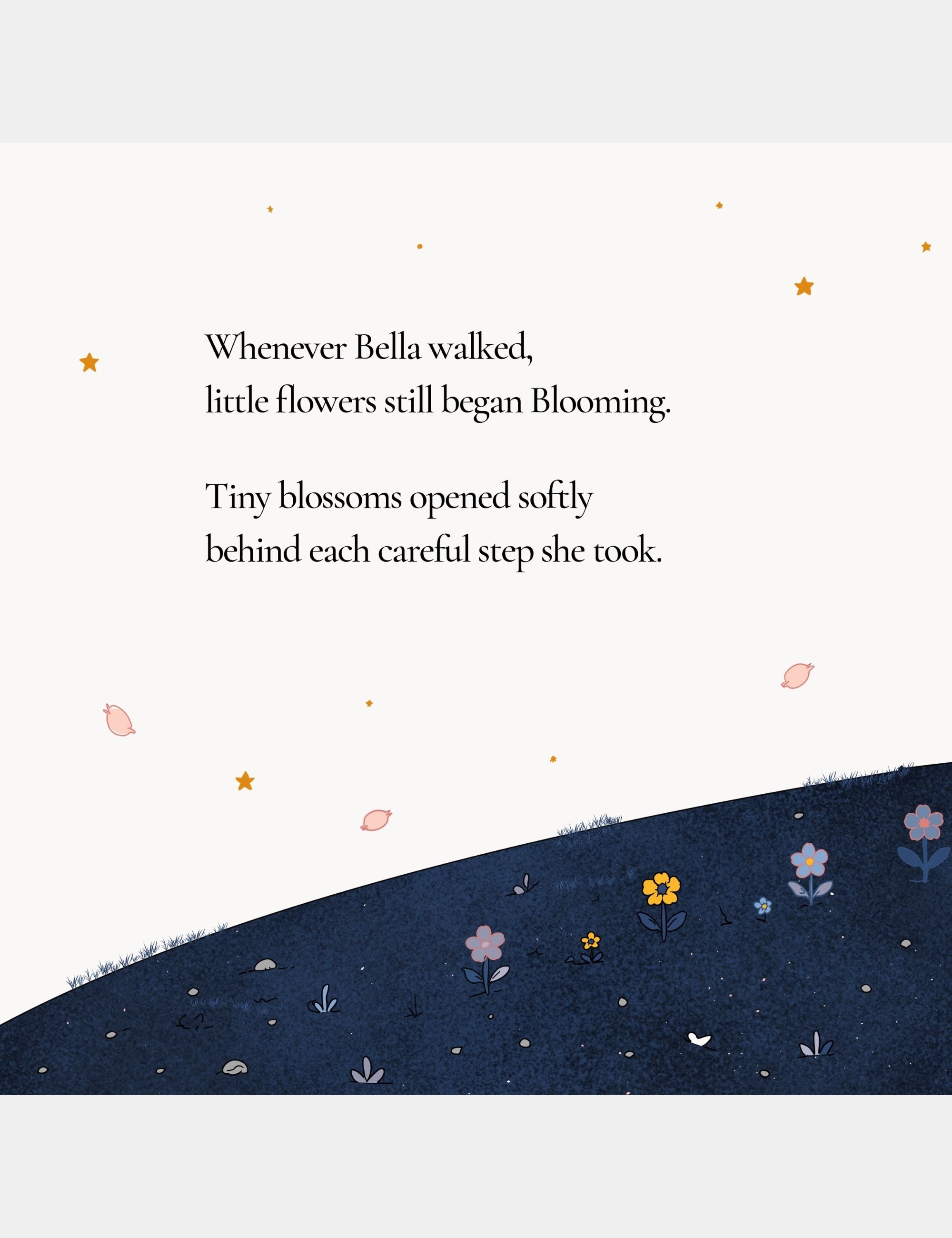 Illustrated children’s story page by Casey Huang showing tiny flowers blooming softly behind Bella’s footsteps on the quiet planet Big Blue.