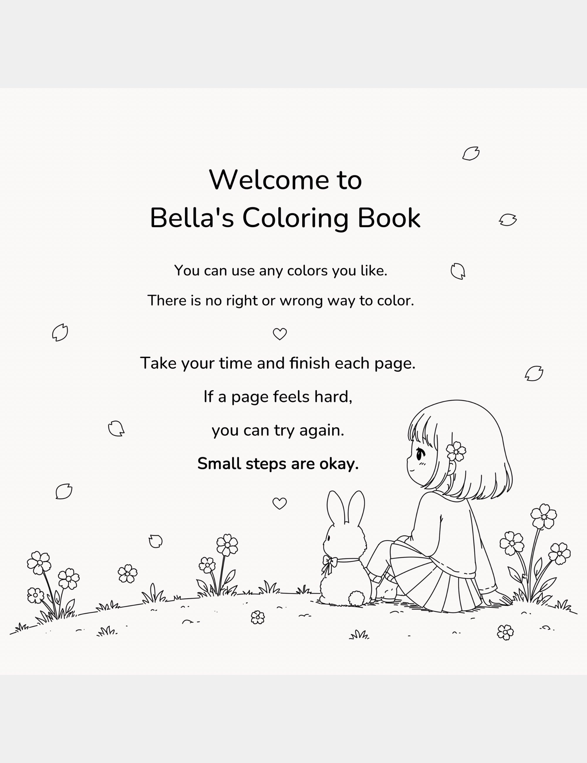 A calming children’s coloring book page from Bella the Sunshine Girl showing Bella and Bun beside flowers with reassuring words about bravery, emotions, creativity, and trying again one small step at a time.