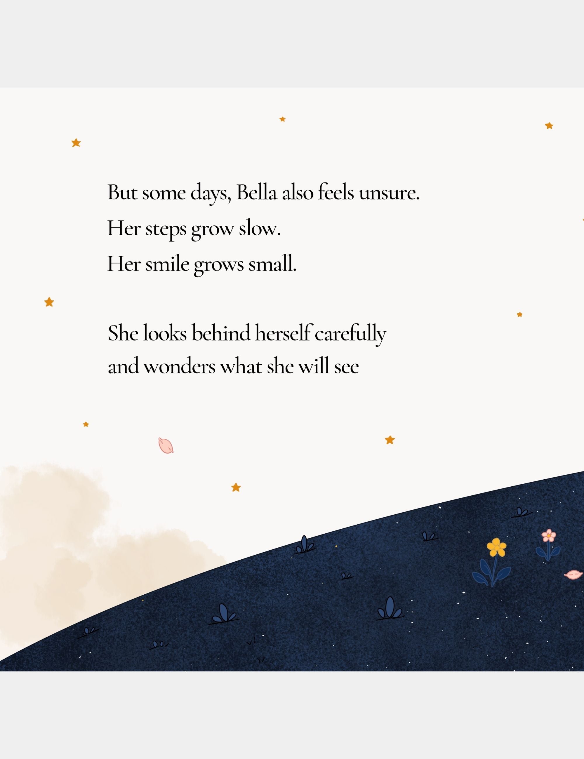 Children’s story illustration by Casey Huang showing a gentle moment of uncertainty in Bella the Sunshine Girl, with poetic text floating above the quiet blue landscape of Big Blue.