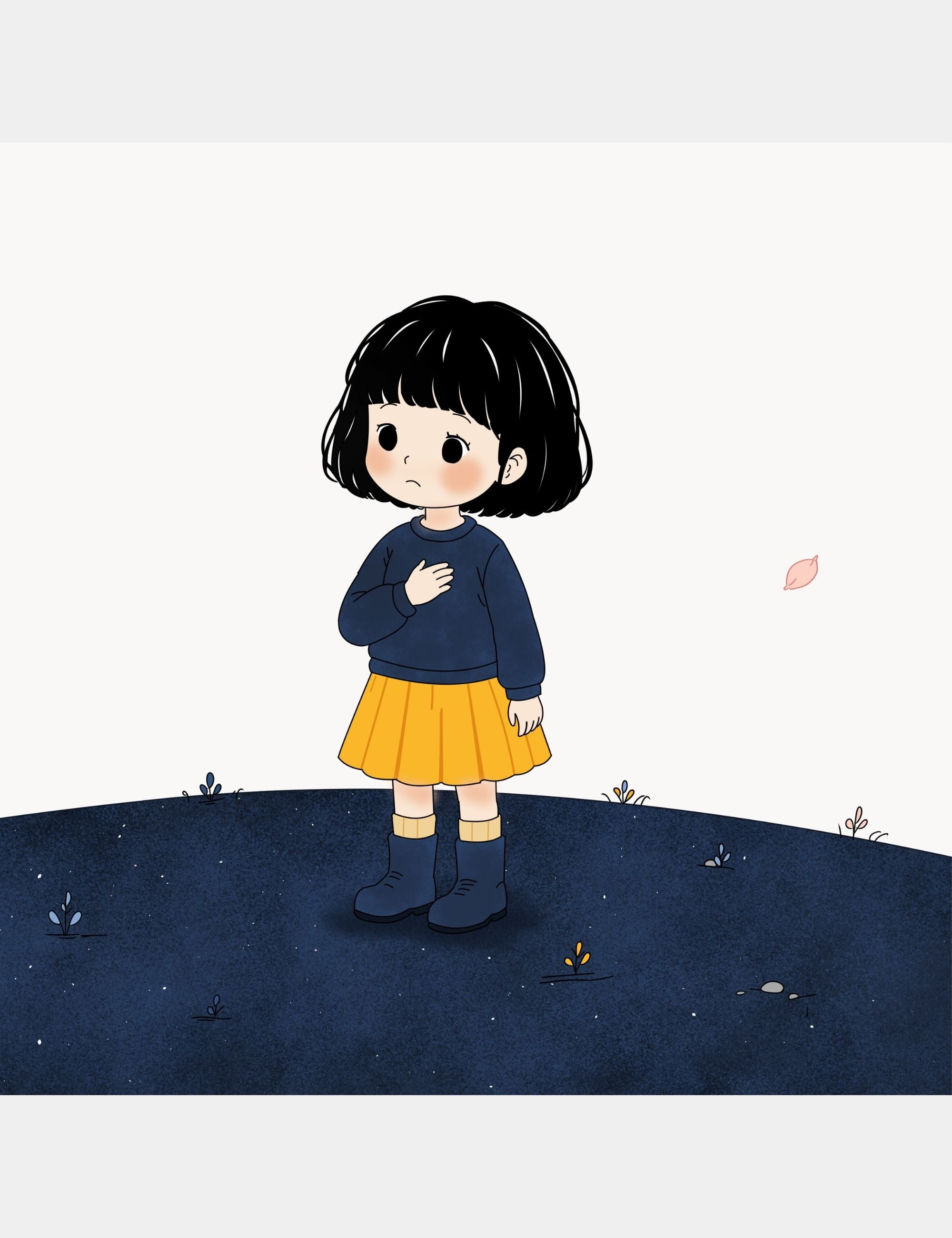 Children’s story illustration by Casey Huang featuring Bella standing alone with her hand on her heart while gathering courage on the calm blue landscape of Big Blue.