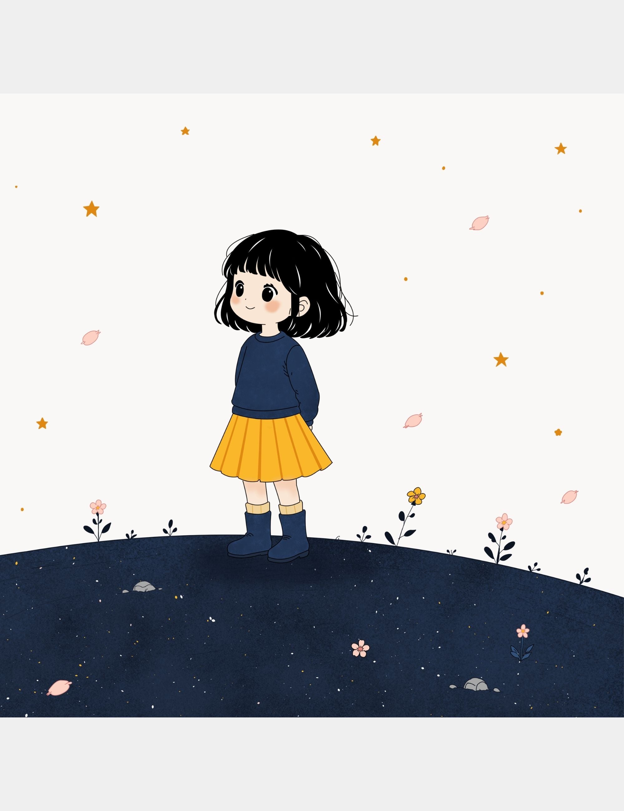 Children’s book character artwork by Casey Huang showing Bella smiling softly while standing on the blue hills of Big Blue surrounded by tiny flowers and glowing stars.