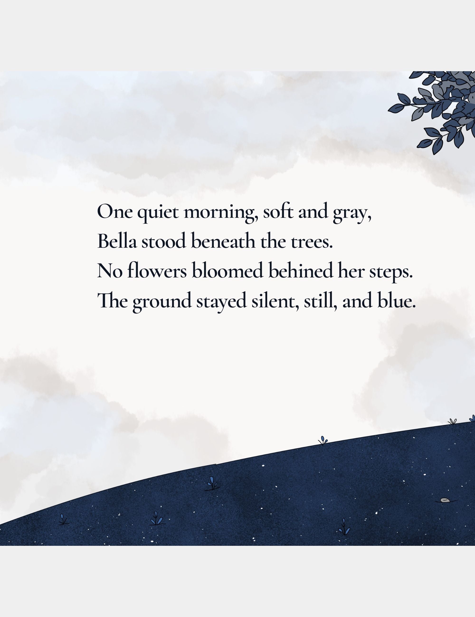 Children’s story illustration by Casey Huang featuring a reflective passage about Bella standing beneath gray skies as the quiet blue ground of Big Blue remains still without Flower Trails.