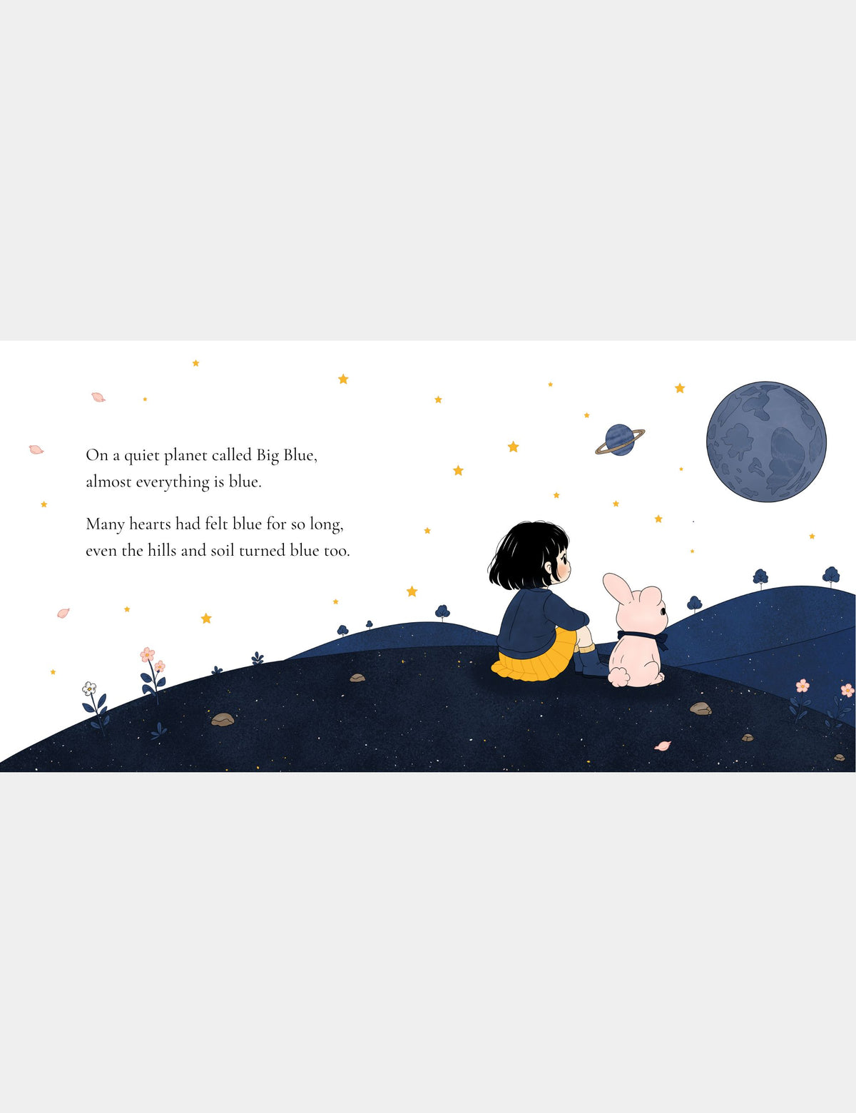 Illustration from Bella the Sunshine Girl by Casey Huang showing Bella and her bunny companion Bun sitting quietly together on the blue hills of Big Blue.
