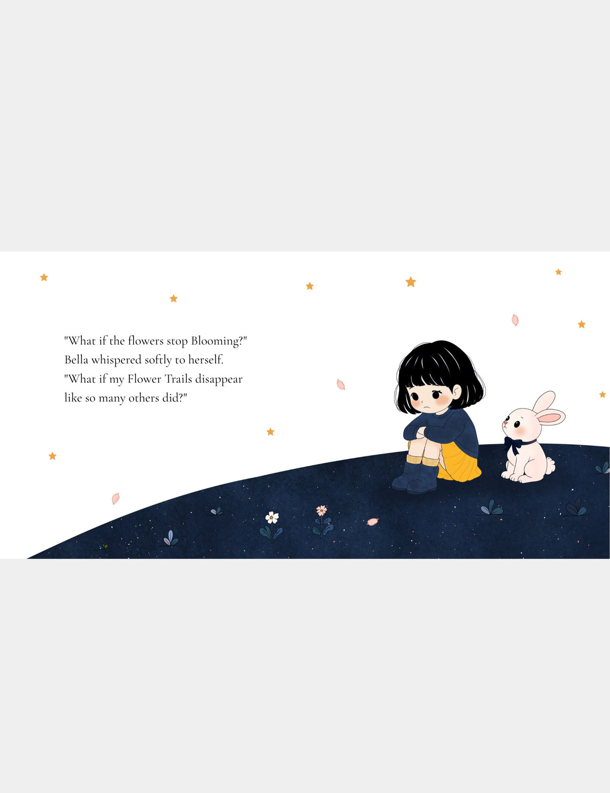 Illustration from Bella the Sunshine Girl by Casey Huang showing a worried Bella sitting beside Bun as she wonders whether her Flower Trails will disappear.