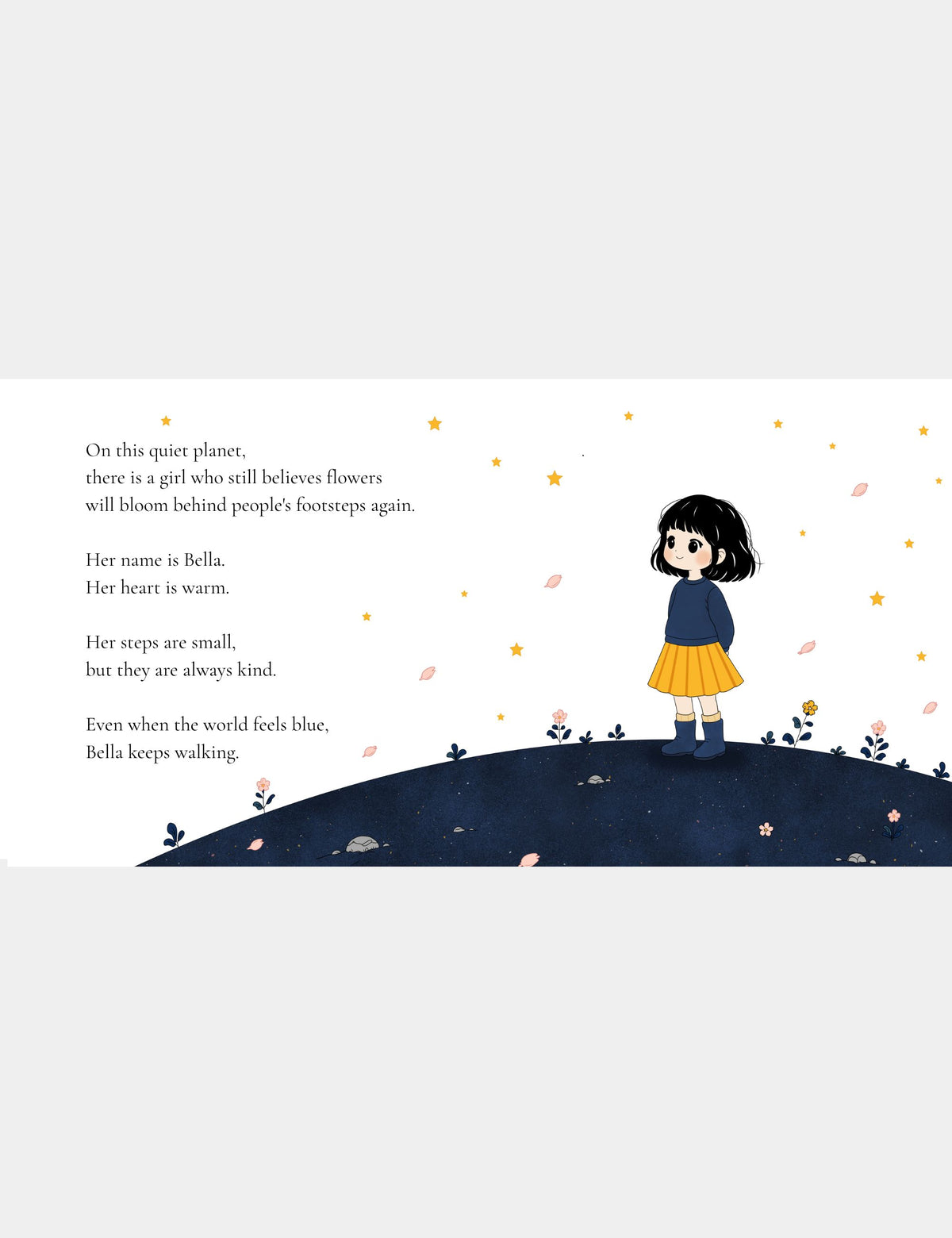 Illustration from Bella the Sunshine Girl by Casey Huang introducing Bella, a kind-hearted girl who keeps walking even when the world around her feels blue.