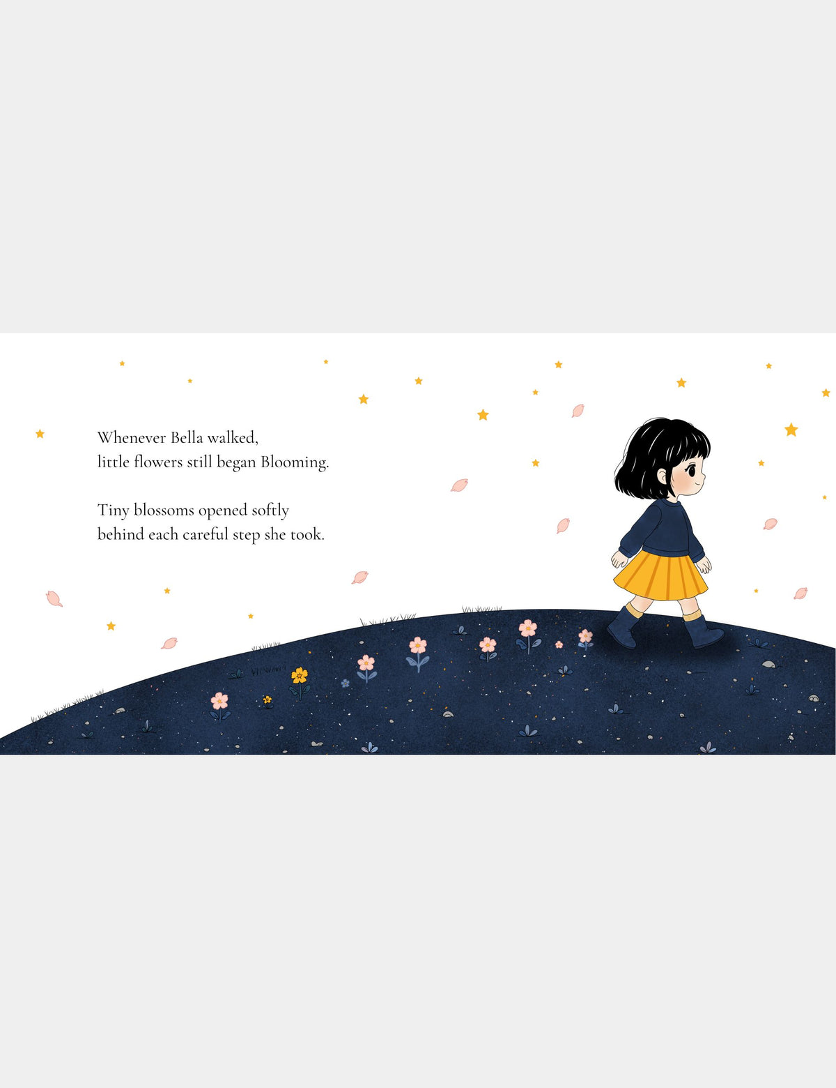 Illustration from Bella the Sunshine Girl by Casey Huang showing Bella walking forward as a trail of tiny pink and yellow flowers blooms behind her steps.