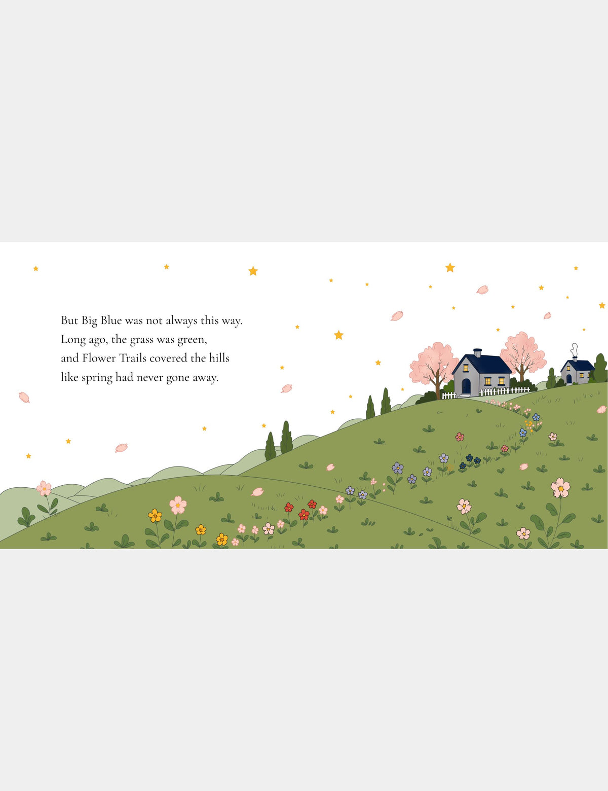 Illustration from Bella the Sunshine Girl by Casey Huang showing Big Blue long ago, when green grass and colorful Flower Trails covered the rolling hills.