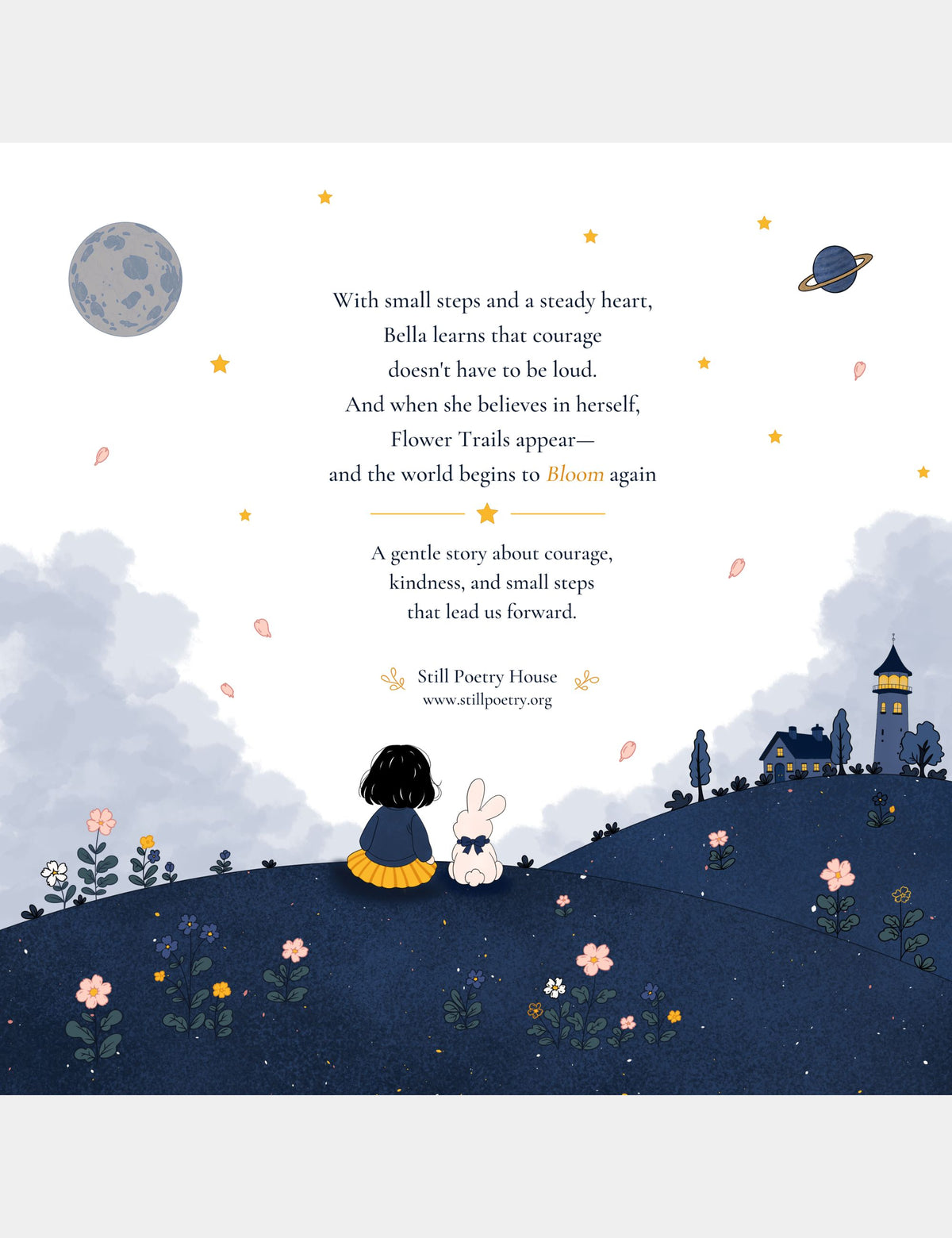Back cover of Bella the Sunshine Girl by Casey Huang, showing Bella and Bun overlooking Big Blue as flowers bloom across the hills around them.