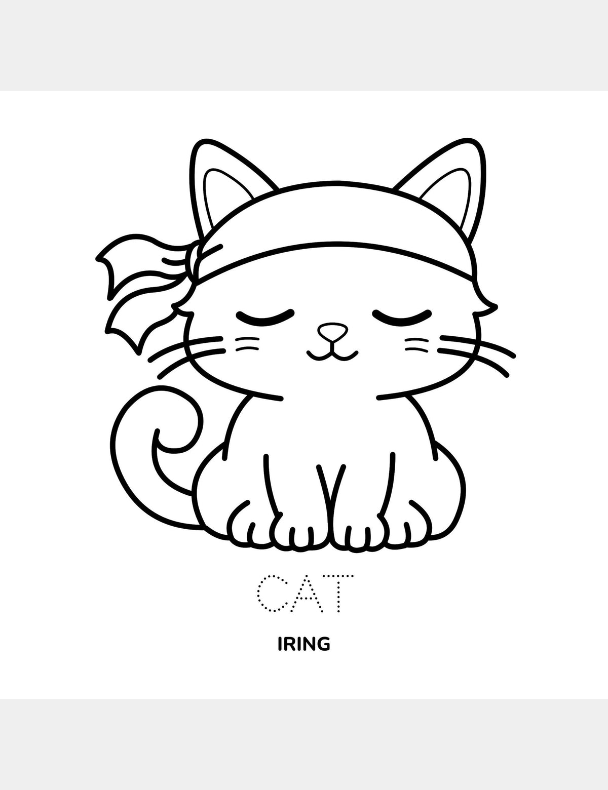 Cat coloring page from Casey Huang’s Bella the Sunshine Girl featuring a large cat illustration, the traceable English word “Cat,” and the Cebuano word “Iring.”