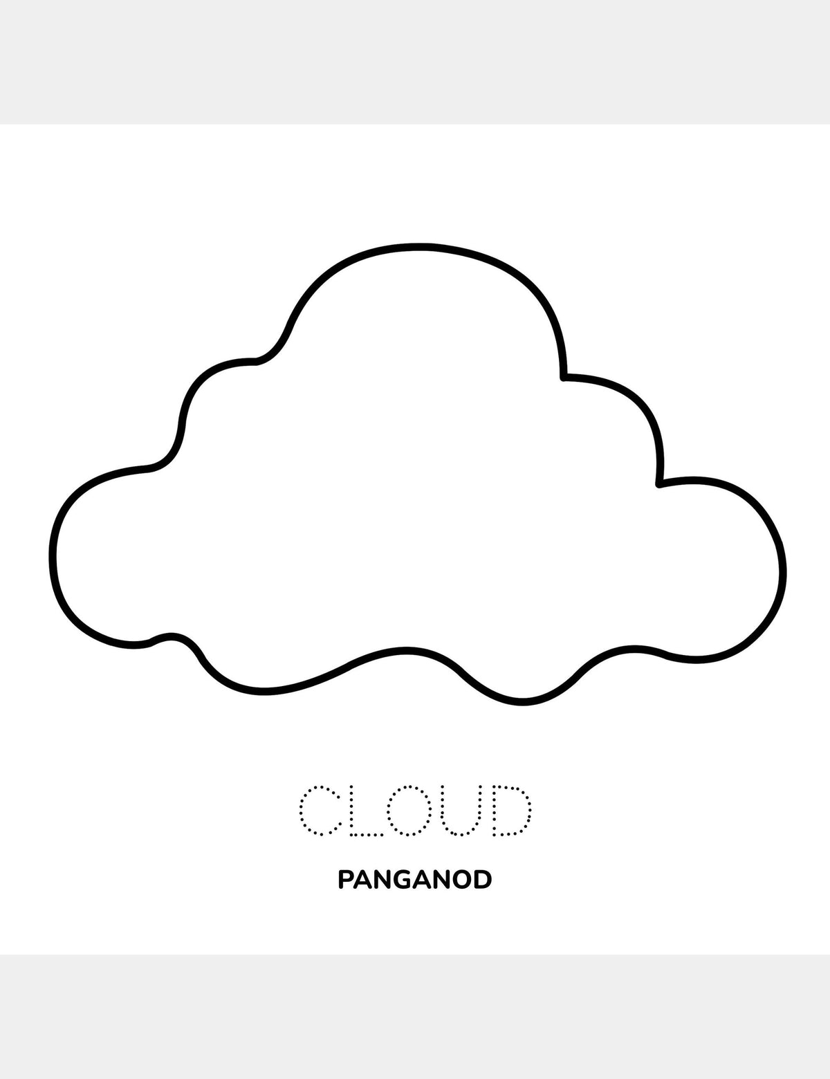 Cloud coloring page from Casey Huang’s Bella the Sunshine Girl featuring a large cloud illustration, the traceable English word “Cloud,” and the Cebuano word “Panganod.”