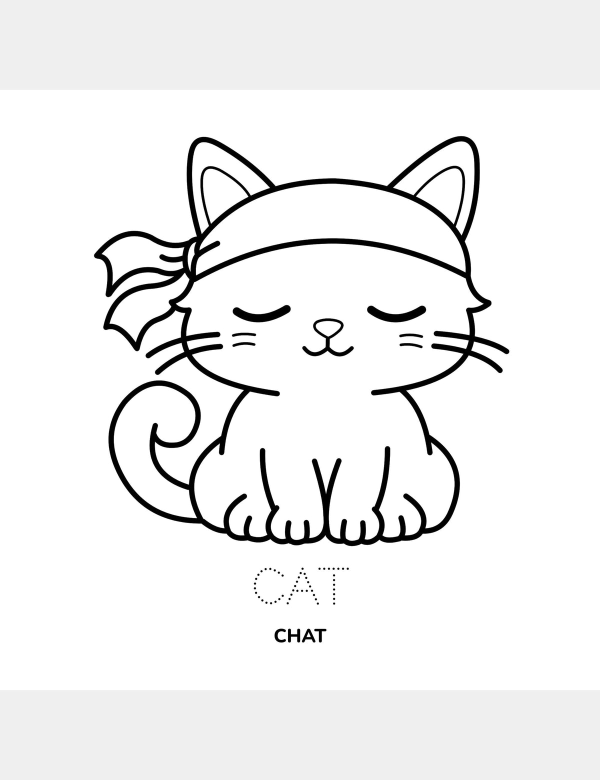 Cat coloring page from Casey Huang’s Bella the Sunshine Girl featuring a large cat illustration, the traceable English word “Cat,” and the French word “Chat.”