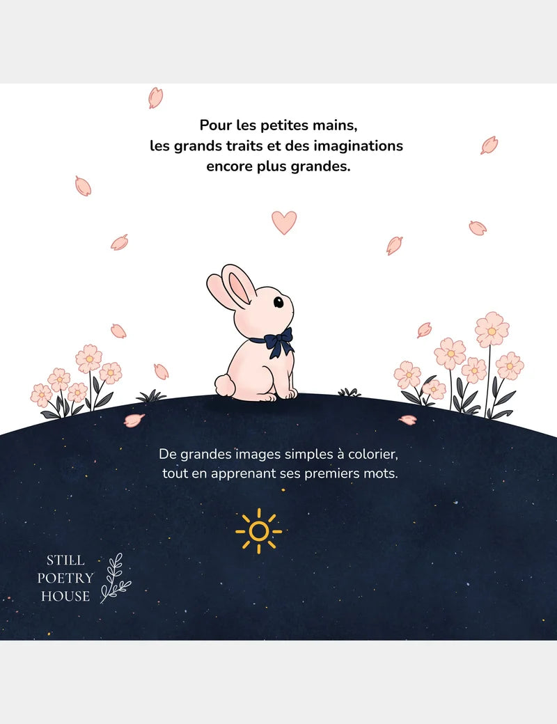 Back cover of Casey Huang’s Bella the Sunshine Girl French coloring book featuring Bun in a flower garden with French text about big, simple pictures to color while learning first words.