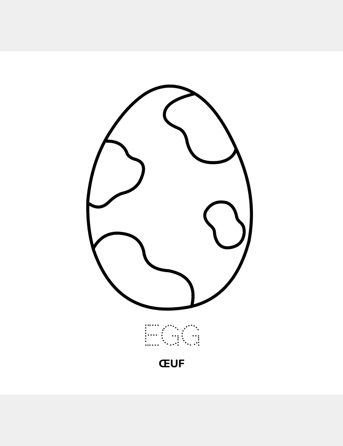 Egg coloring page from Casey Huang’s Bella the Sunshine Girl featuring a large egg illustration, the traceable English word “Egg,” and the French word “Œuf.”