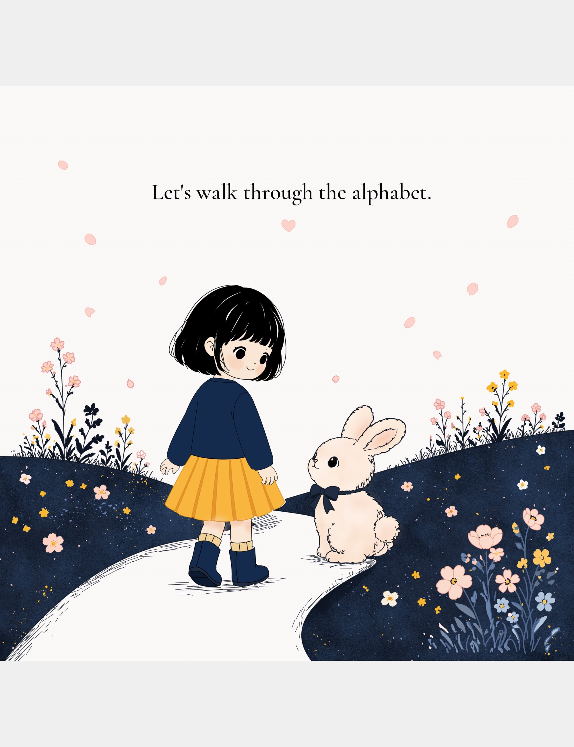 Preview page from Bella the Sunshine Girl: ABC Book by Casey Huang showing Bella and Bun walking through a flower-filled path as children begin their alphabet adventure.