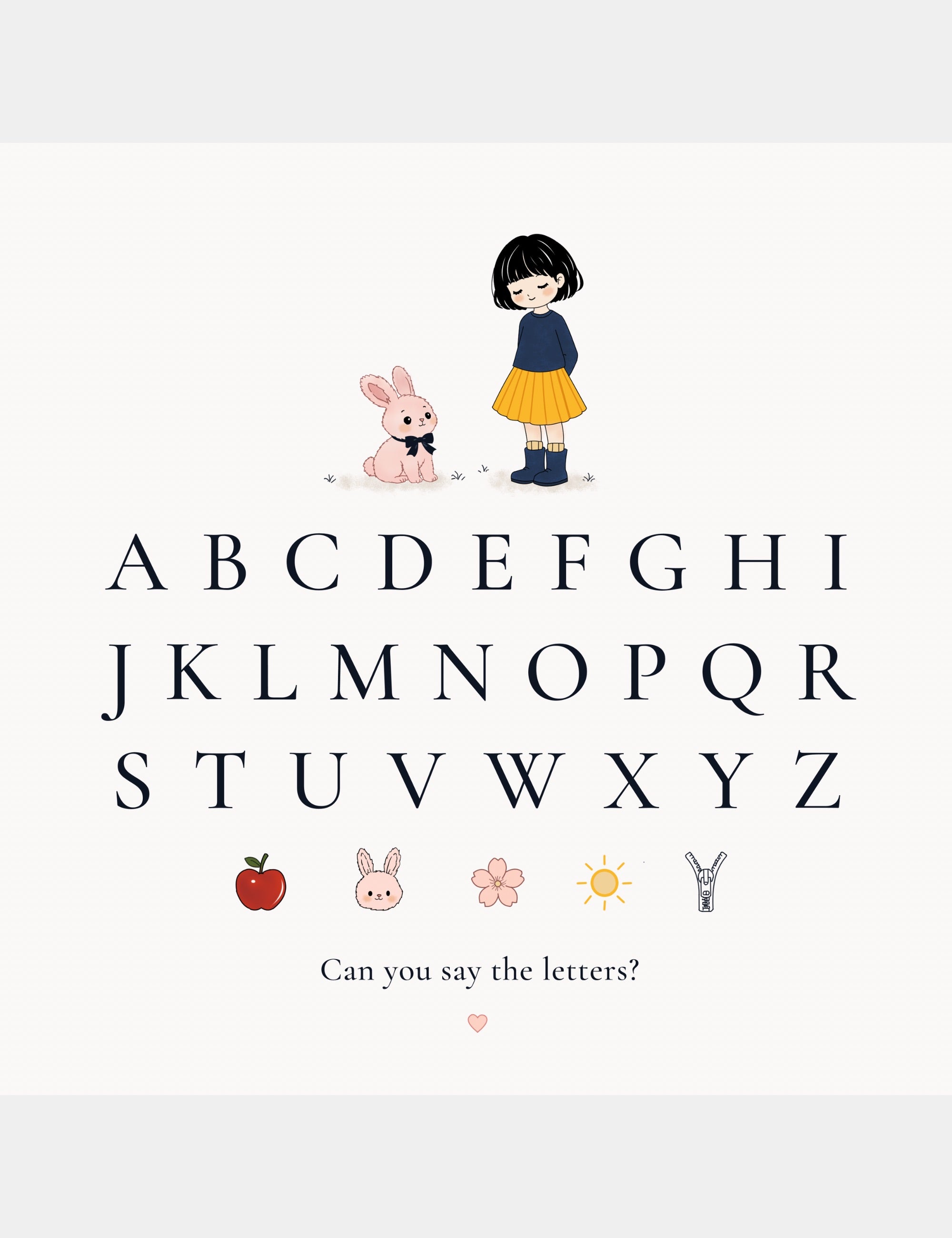 Preview alphabet overview page from Bella the Sunshine Girl: ABC Book by Casey Huang featuring Bella, Bun, and a complete A to Z alphabet learning chart in soft pastel style.