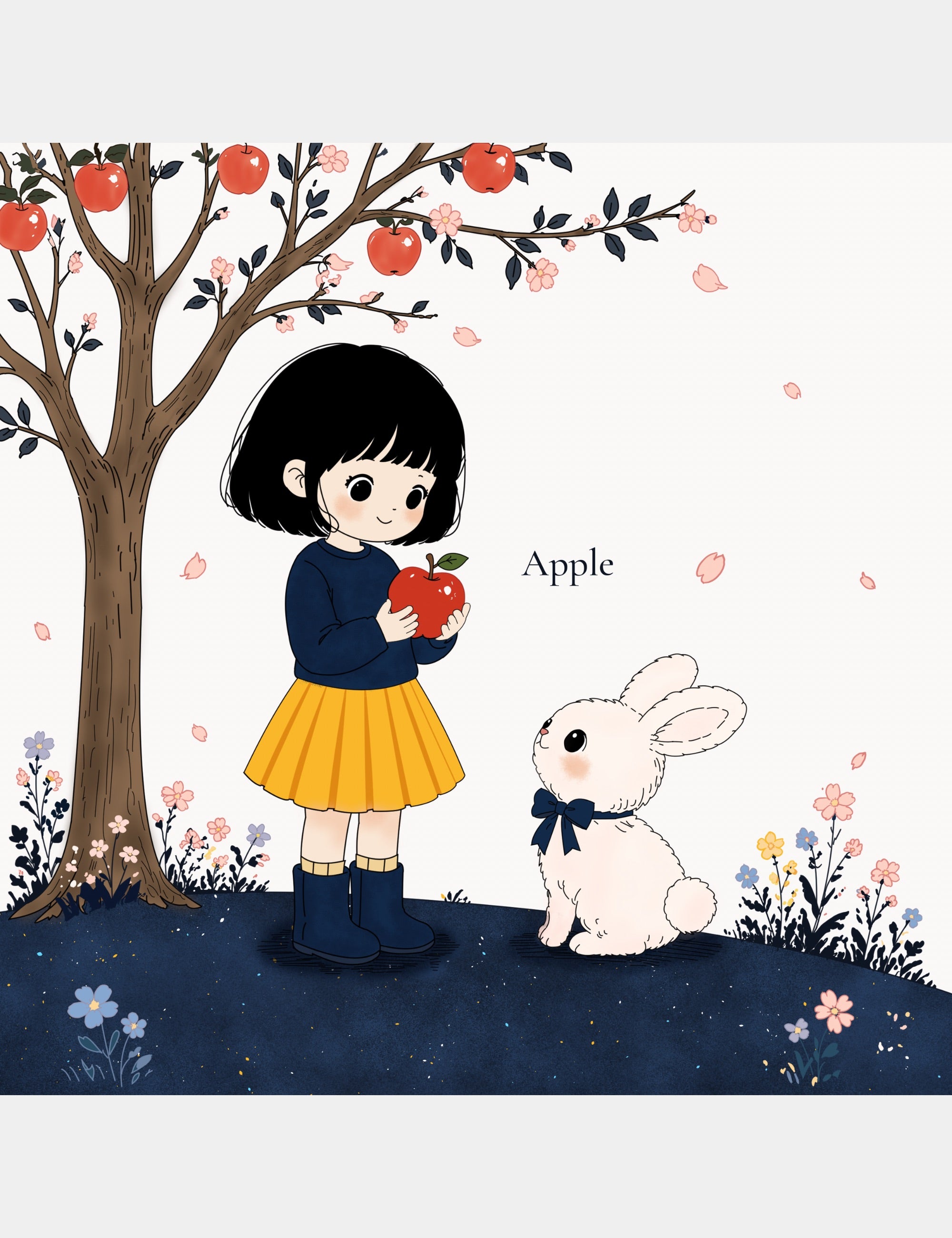 Preview page from Bella the Sunshine Girl: ABC Book by Casey Huang featuring Bella and Bun beside an apple tree while learning the word Apple.