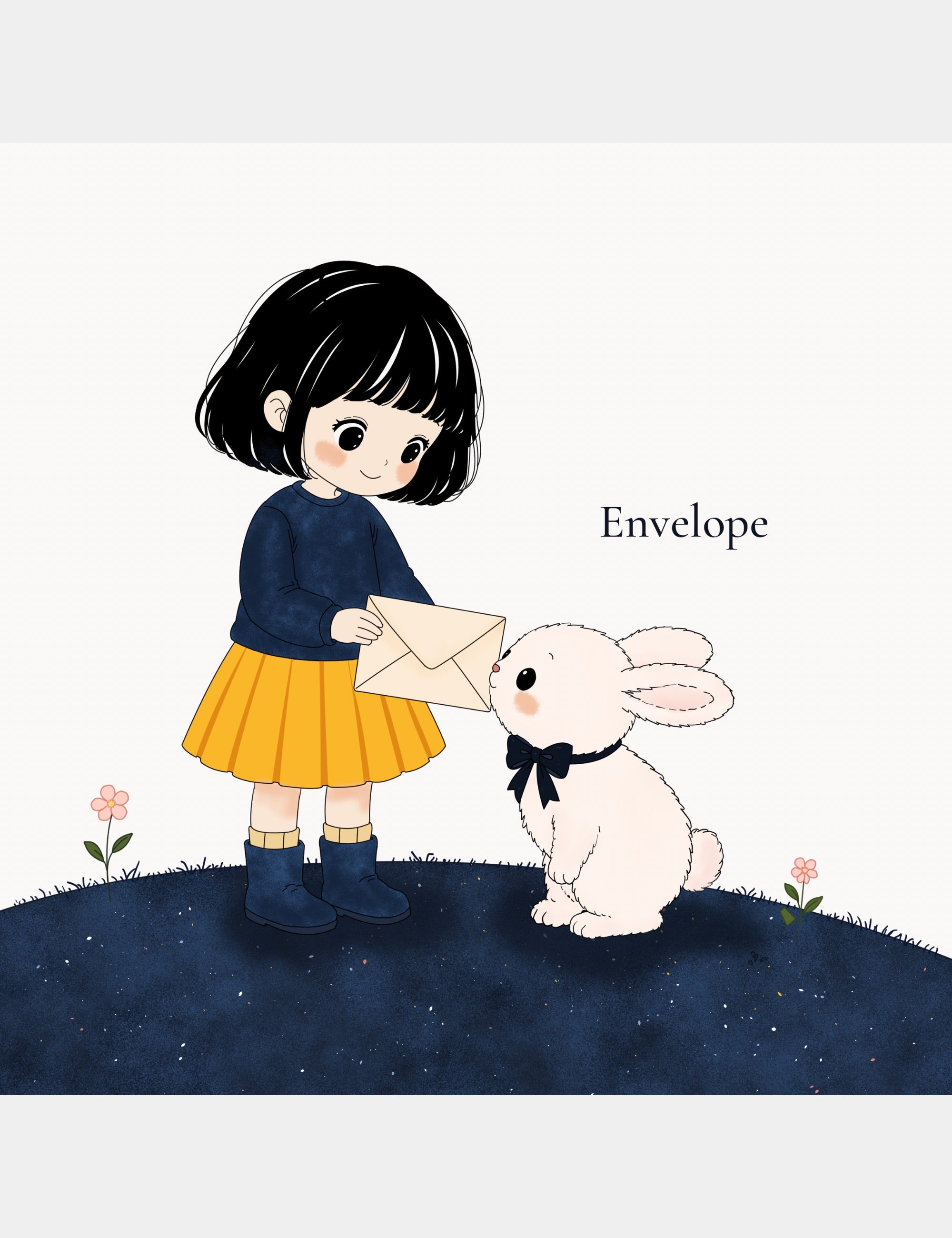 Preview page from Bella the Sunshine Girl: ABC Book by Casey Huang featuring Bella and Bun learning the word Envelope through a calm illustrated moment.