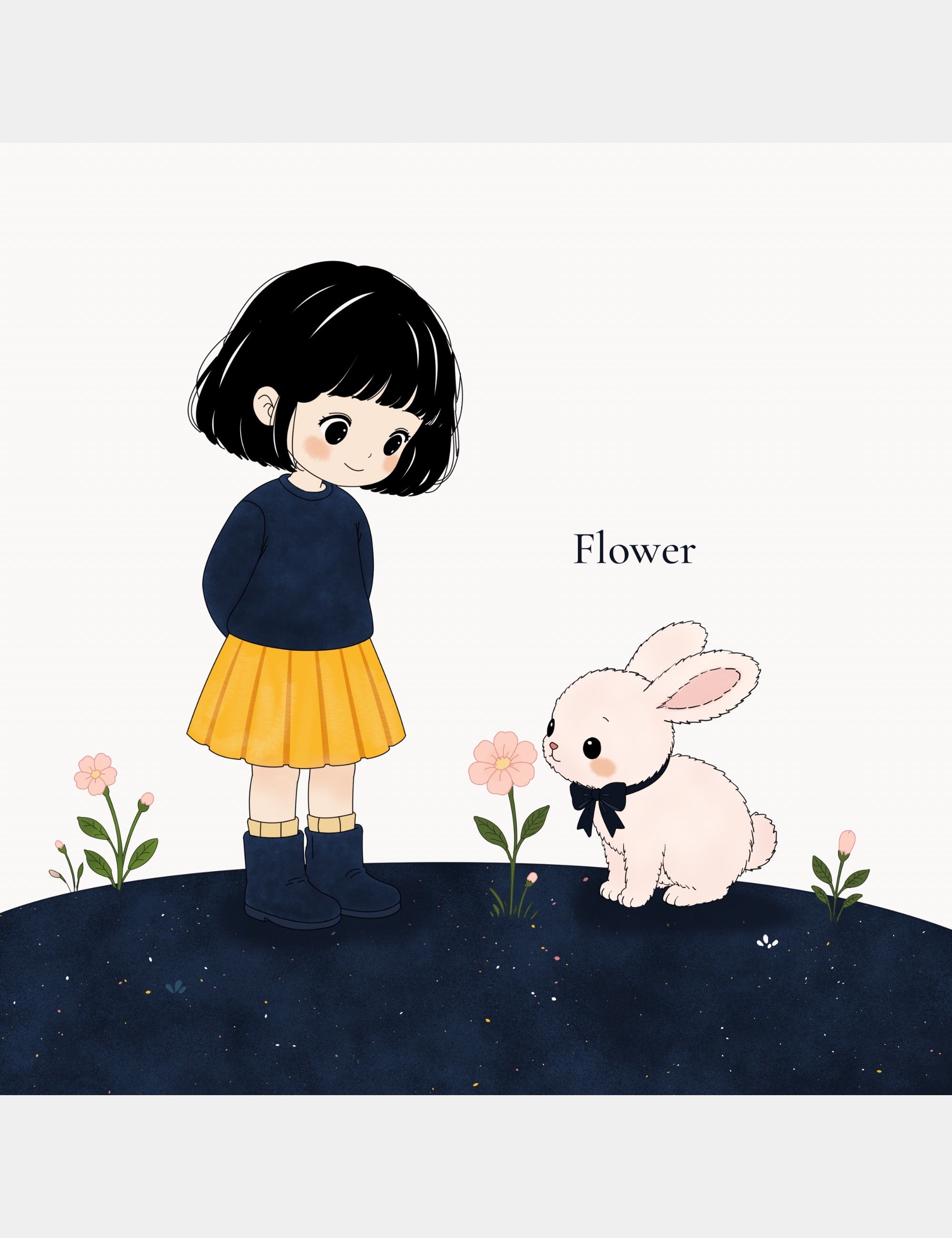 Preview page from Bella the Sunshine Girl: ABC Book by Casey Huang featuring Bella and Bun discovering a flower during a calm alphabet learning moment.