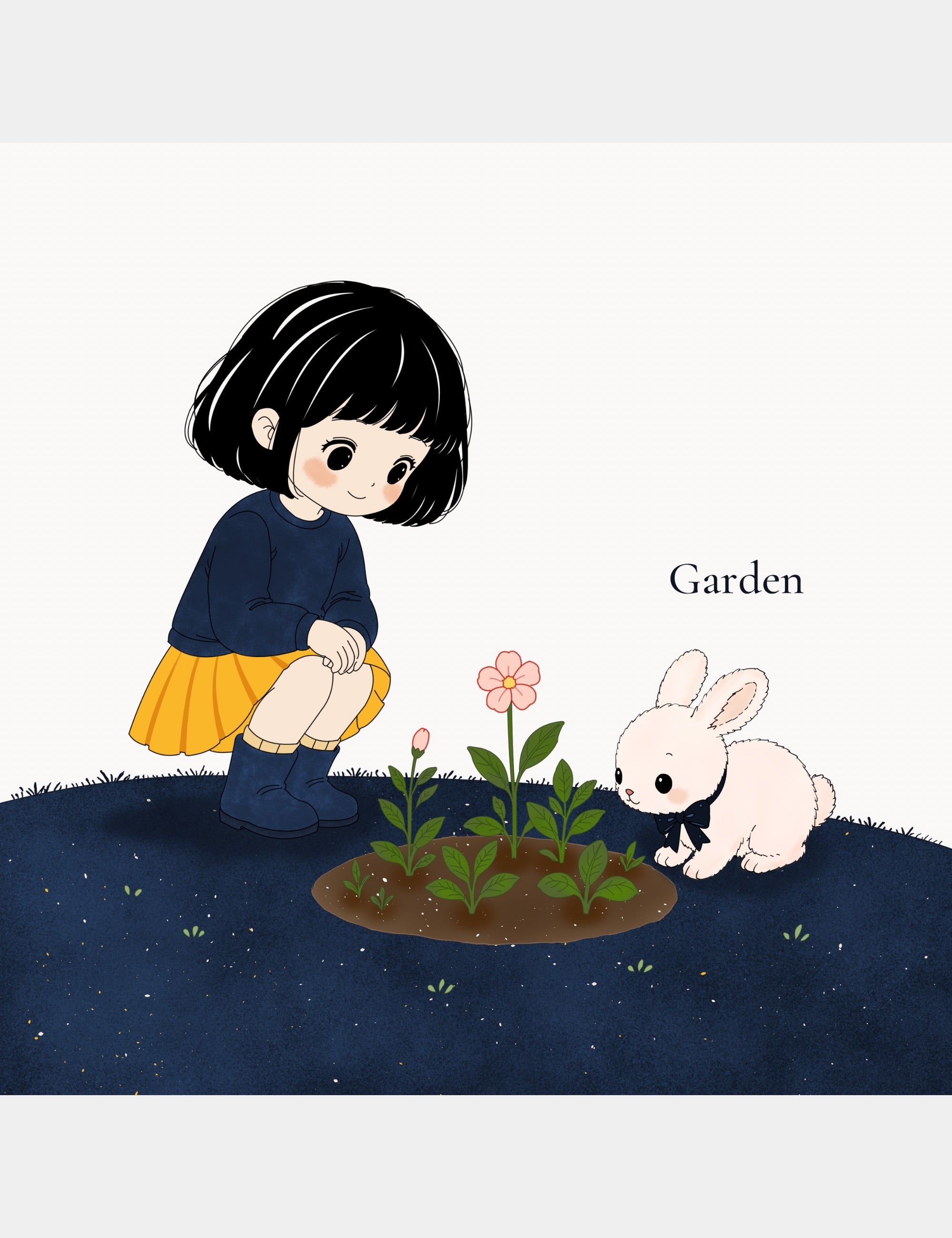 Preview page from Bella the Sunshine Girl: ABC Book by Casey Huang featuring Bella and Bun beside a small garden during a gentle alphabet learning moment.