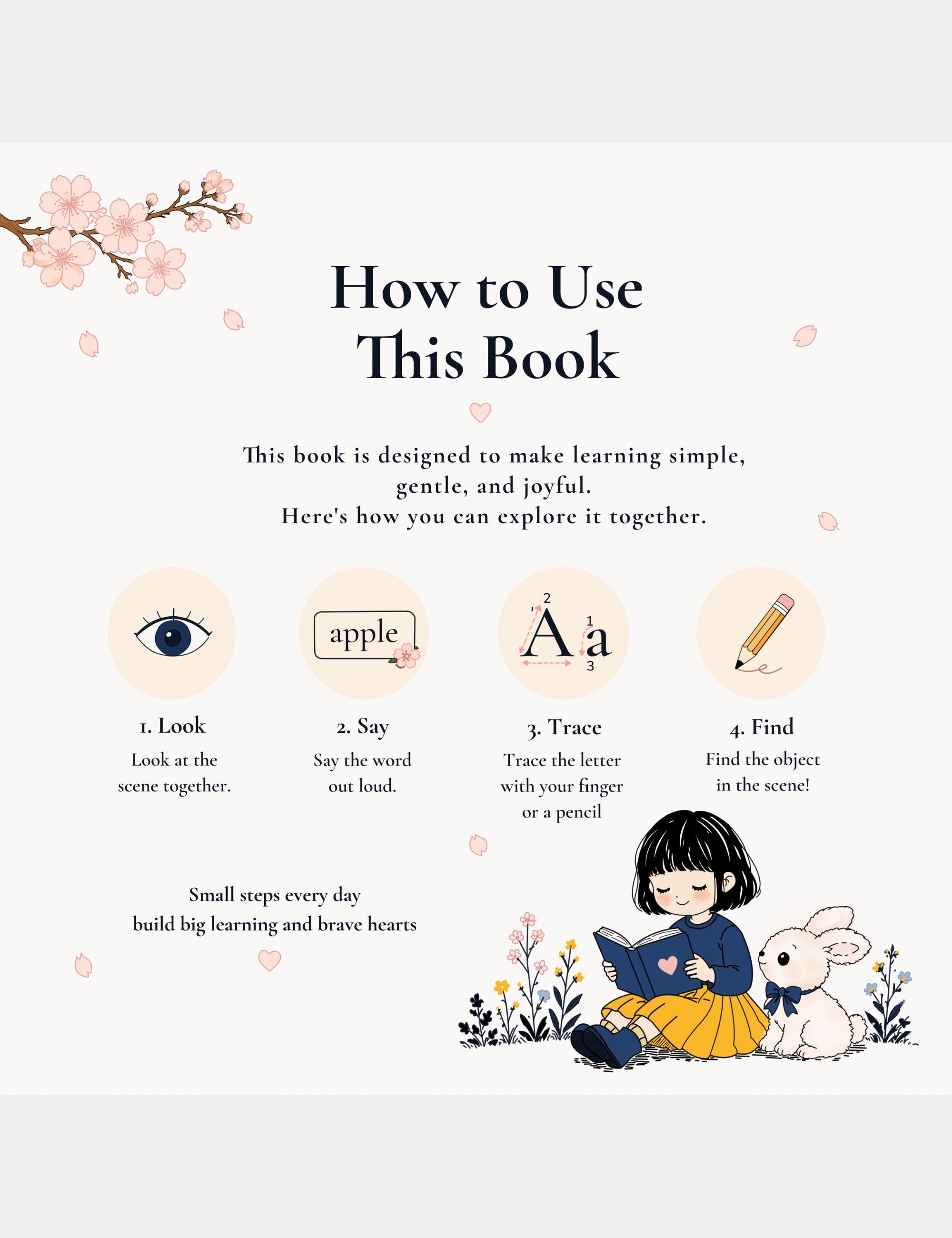 Preview page from Bella the Sunshine Girl: ABC Book by Casey Huang featuring Bella and Bun with calm illustrated instructions for helping children explore letters, words, and early learning activities.