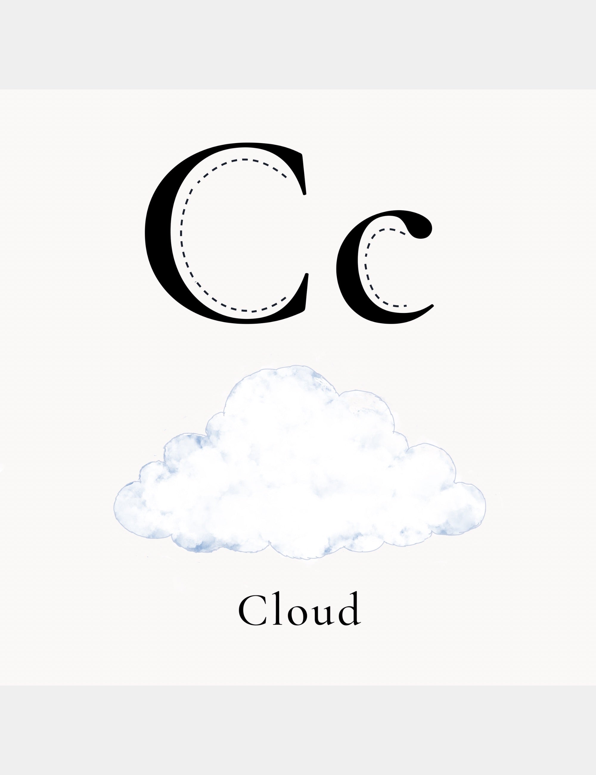 Preview alphabet page from Bella the Sunshine Girl: ABC Book by Casey Huang showing the letter C with a cloud illustration and the word Cloud for early learning.