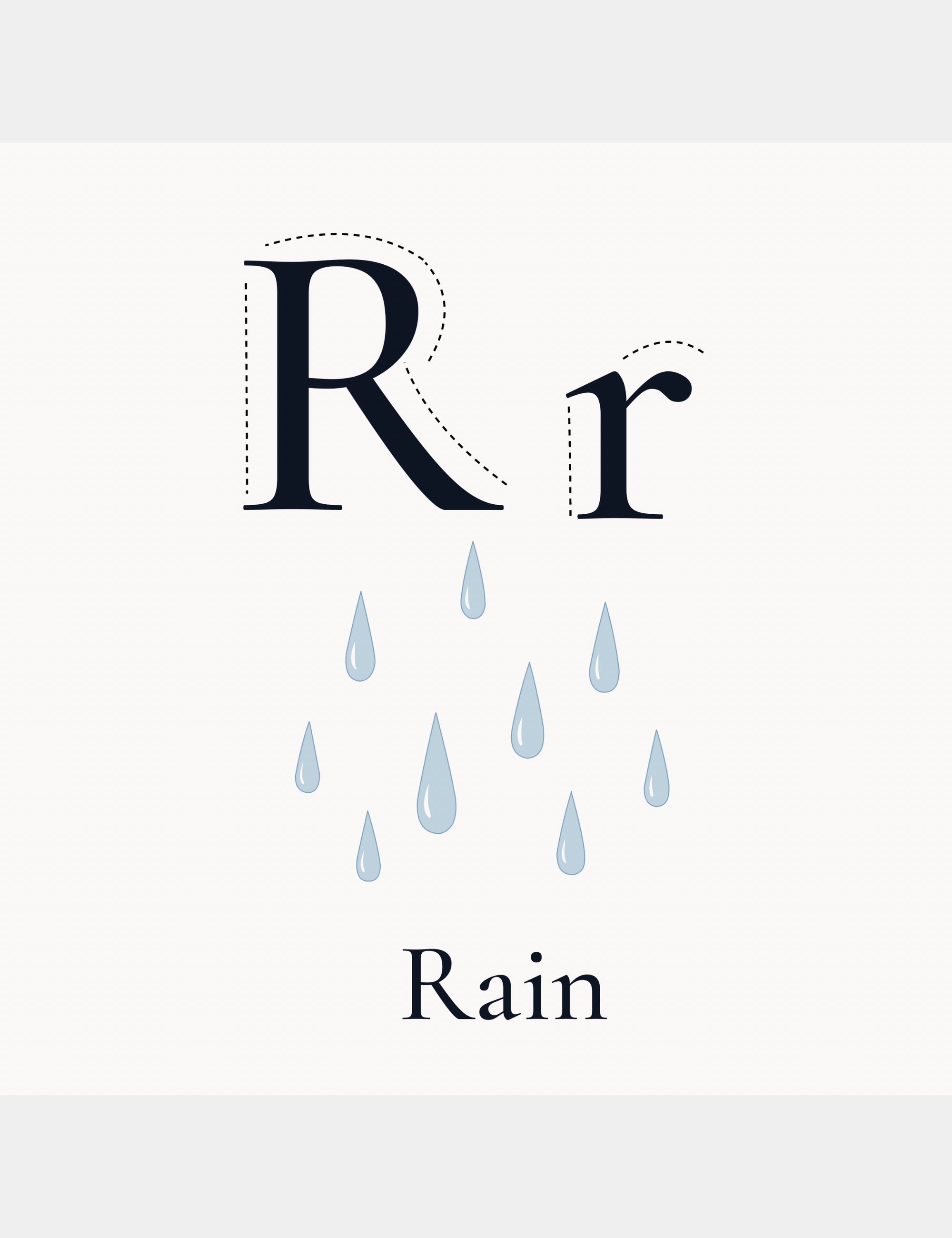 Minimal alphabet learning page from Bella the Sunshine Girl: ABC Book by Casey Huang featuring the letter R and a soft pastel rain illustration.