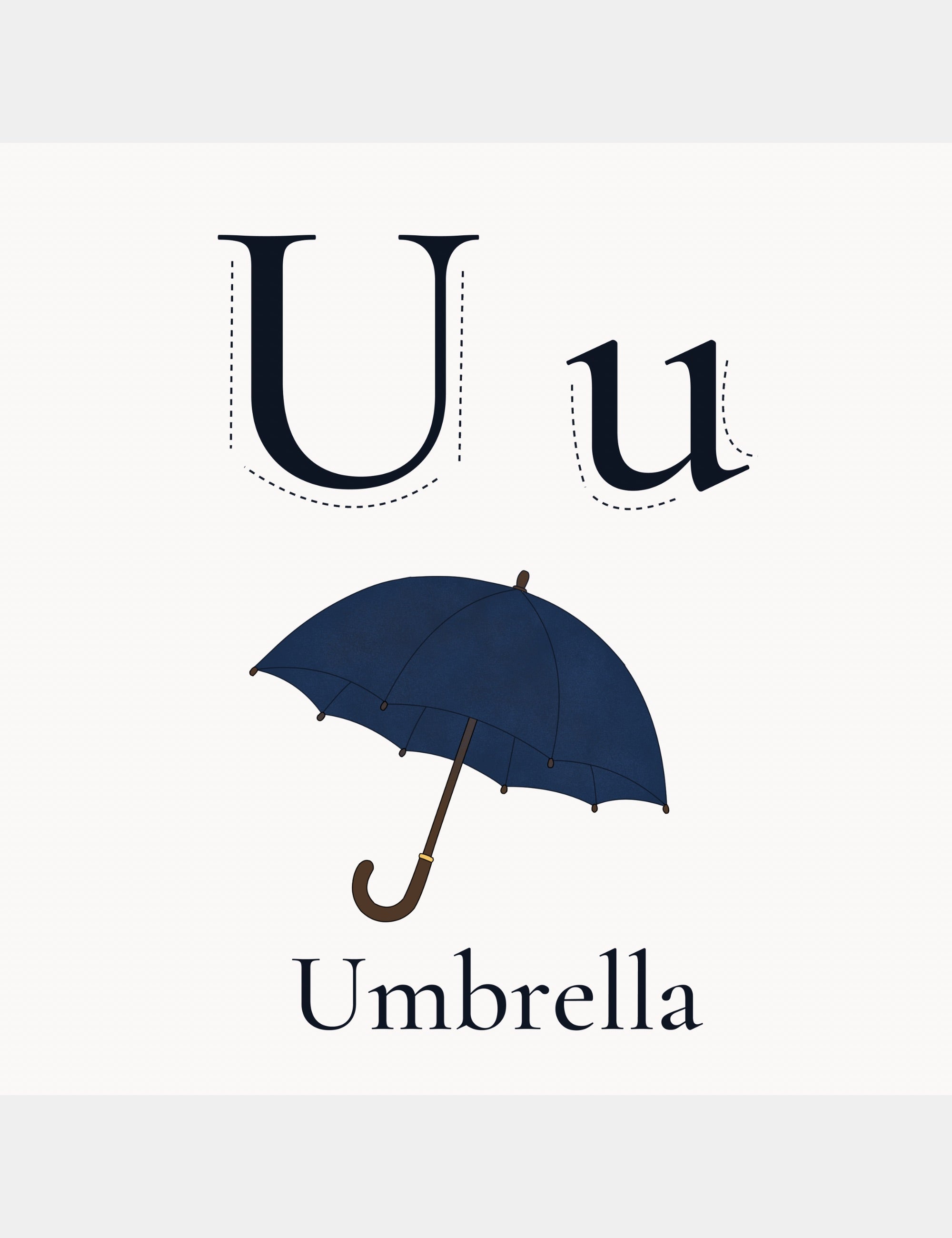 Minimal alphabet learning page from Bella the Sunshine Girl: ABC Book by Casey Huang featuring the letter U and a soft illustrated umbrella.