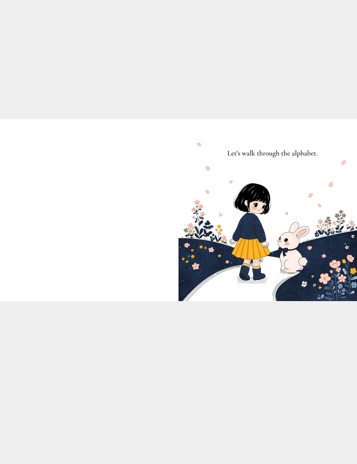 Casey Huang children’s ABC book page featuring Bella the Sunshine Girl and Bun walking through a colorful flower garden as they begin an alphabet learning adventure.