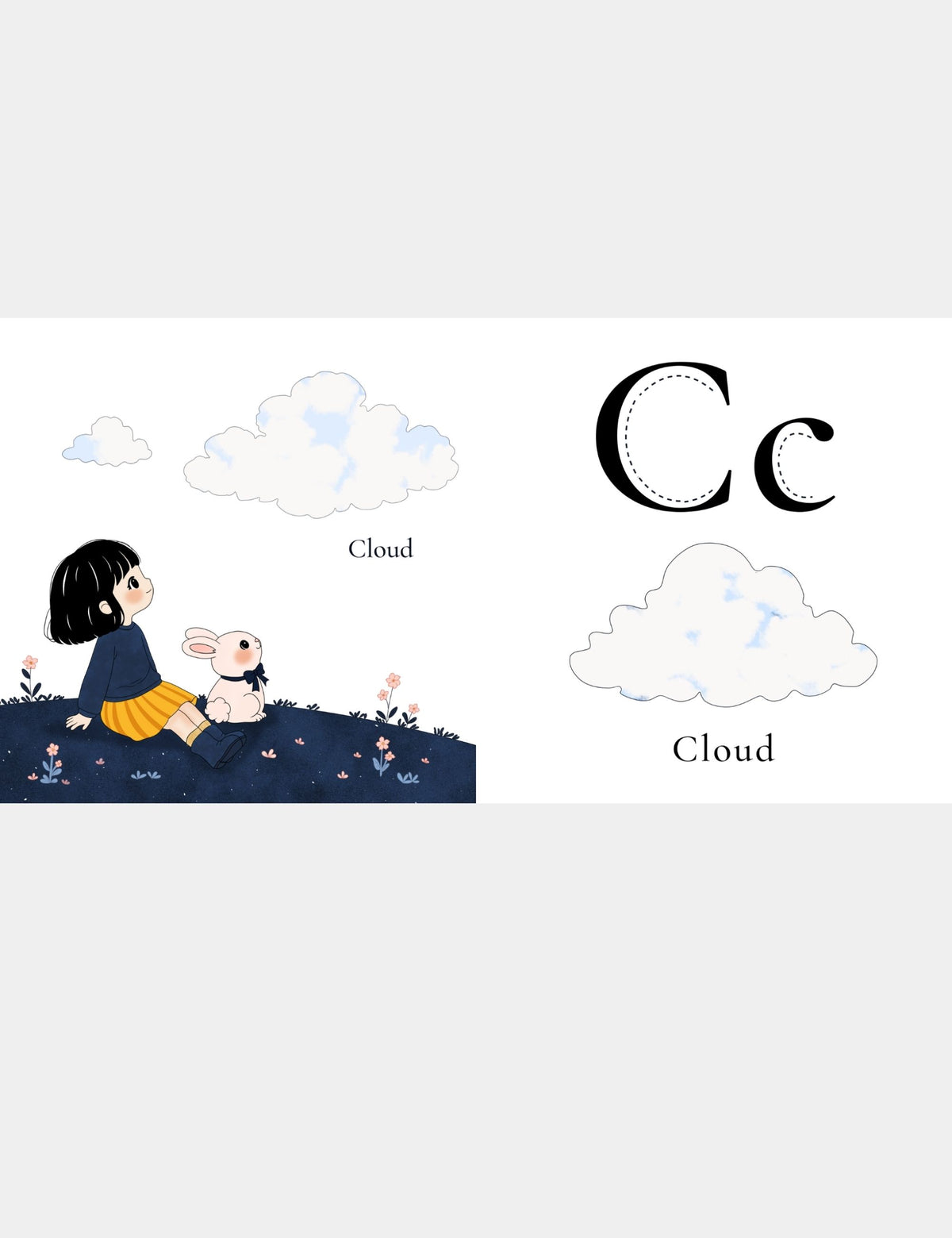 Casey Huang children’s ABC book page teaching C for Cloud with Bella the Sunshine Girl and Bun looking at clouds, alongside large uppercase C and lowercase c letters for preschool alphabet and first-word learning.