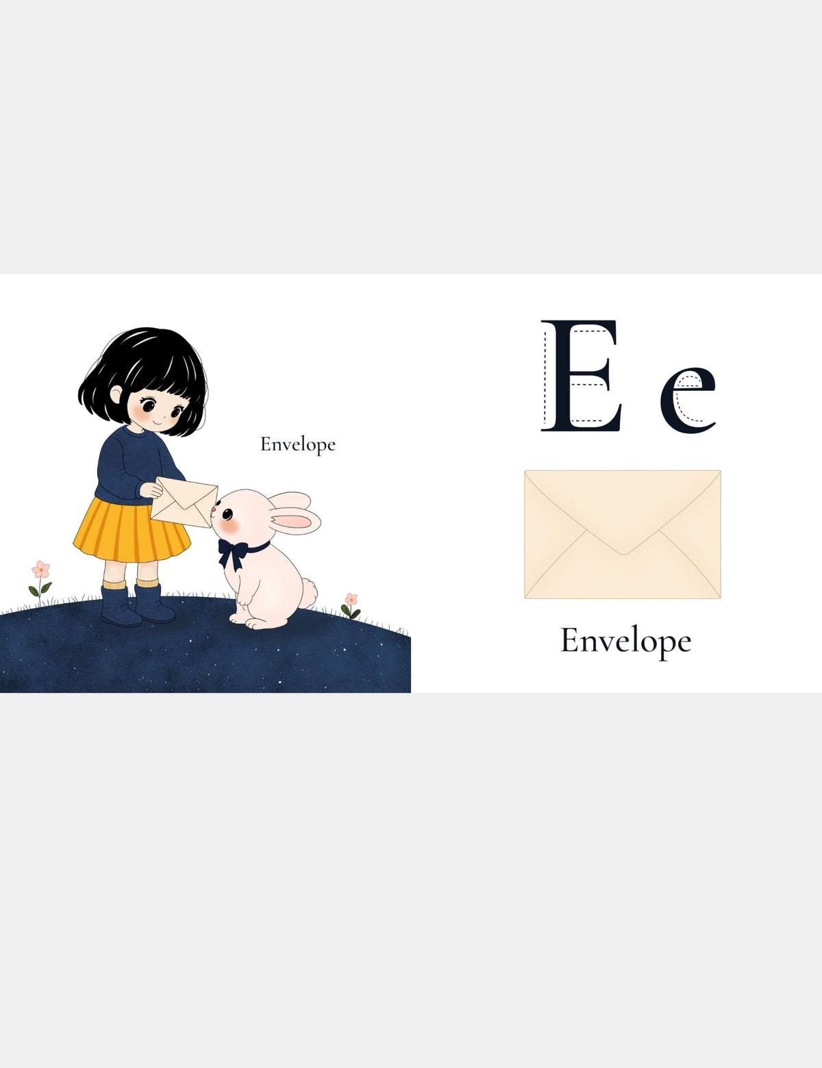 Casey Huang children’s ABC book page teaching E for Envelope with Bella the Sunshine Girl showing an envelope to Bun, alongside large uppercase E and lowercase e letters for preschool alphabet and vocabulary learning.