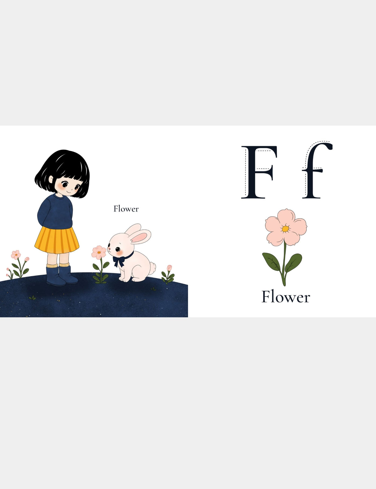Casey Huang children’s ABC book page teaching F for Flower with Bella the Sunshine Girl and Bun beside a pink flower, alongside large uppercase F and lowercase f letters for preschool alphabet and first-word learning.