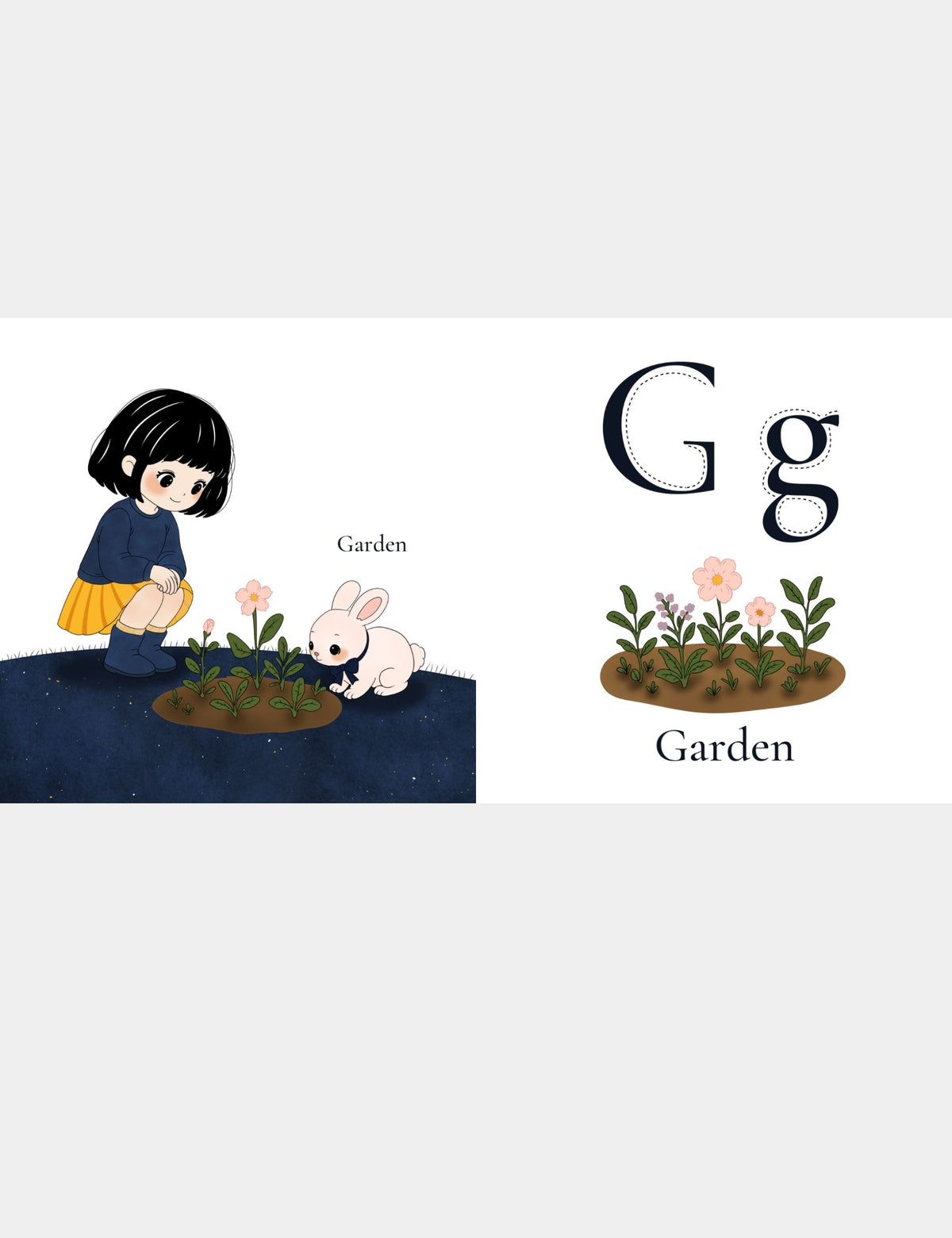 Casey Huang children’s ABC book page teaching G for Garden with Bella the Sunshine Girl and Bun exploring a flower garden, alongside large uppercase G and lowercase g letters for preschool alphabet and first-word learning.