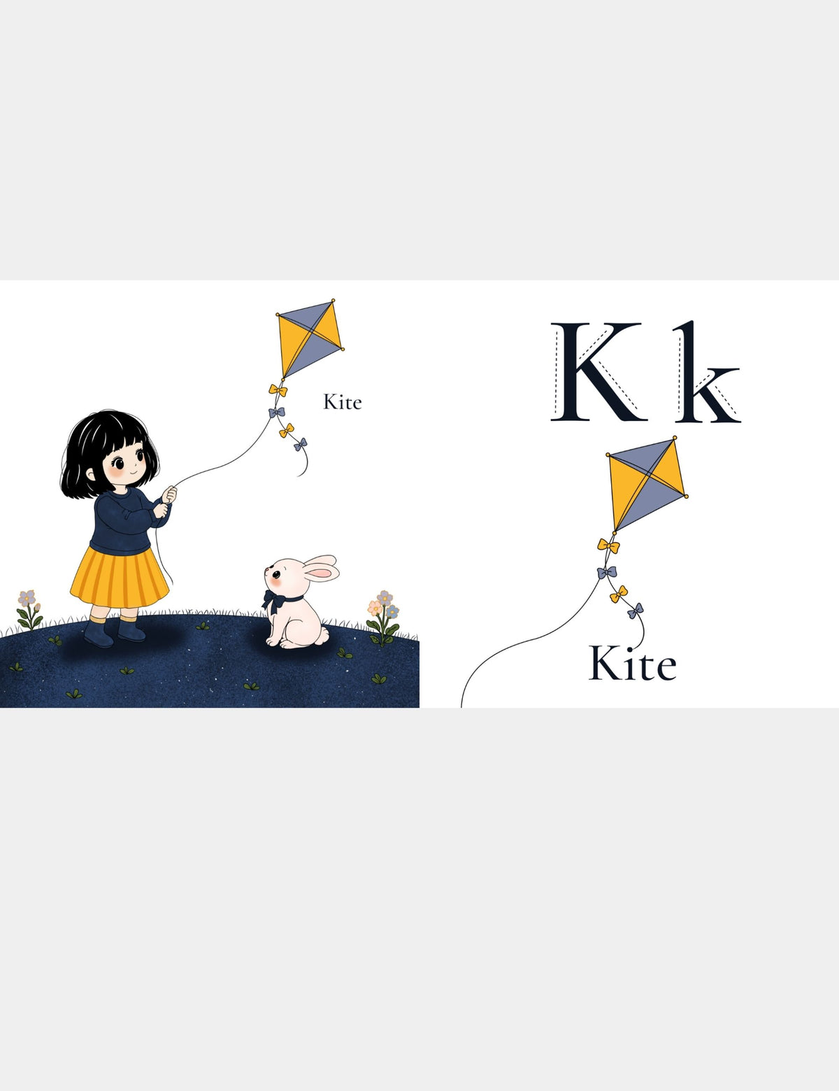 Casey Huang children’s ABC book page teaching K for Kite with Bella the Sunshine Girl flying a colorful kite beside Bun, alongside large uppercase K and lowercase k letters for preschool alphabet and first-word learning.