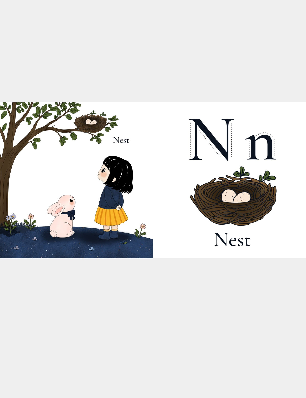 Casey Huang children’s ABC book page teaching N for Nest with Bella the Sunshine Girl and Bun looking at a bird’s nest with eggs, alongside large uppercase N and lowercase n letters for preschool alphabet and first-word learning.