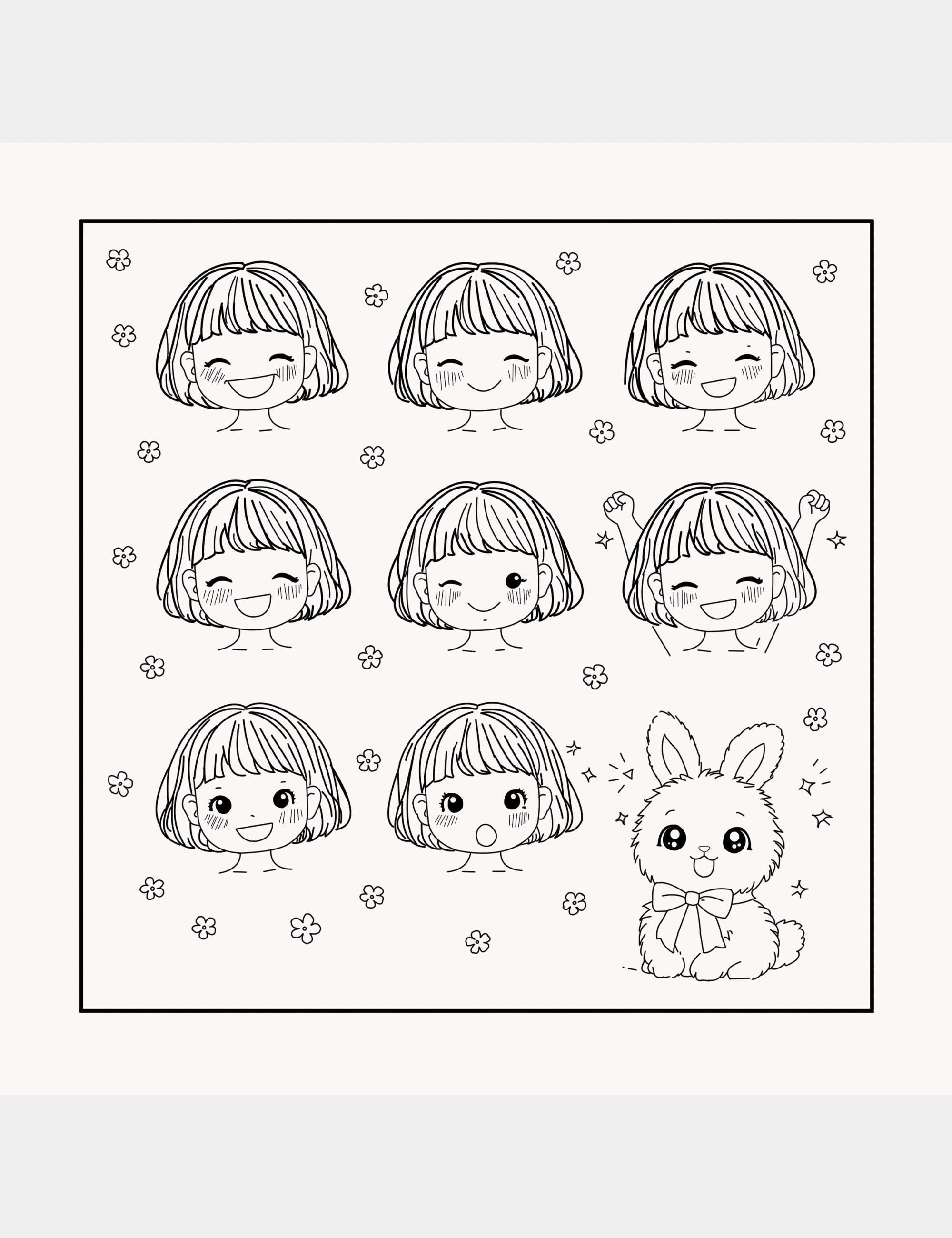A cheerful children’s coloring page showing Bella with playful facial expressions and Bun the bunny in a kawaii-style illustration designed for creative play, emotional learning, and calming screen-free activities.