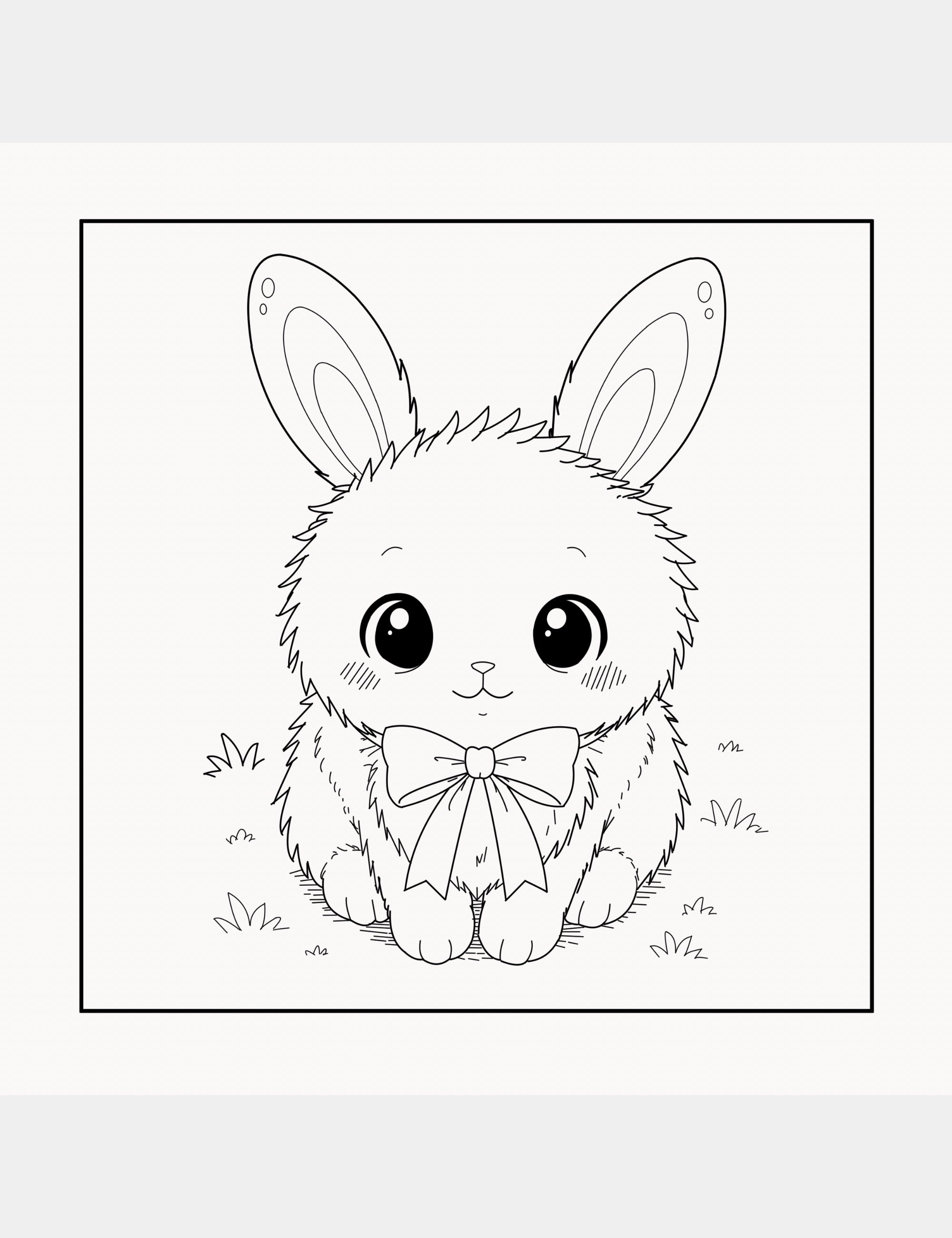 A cute fluffy bunny coloring page featuring Bun from Bella the Sunshine Girl with oversized sparkling eyes, soft fur details, and a ribbon bow designed for calming creative fun and preschool coloring activities.