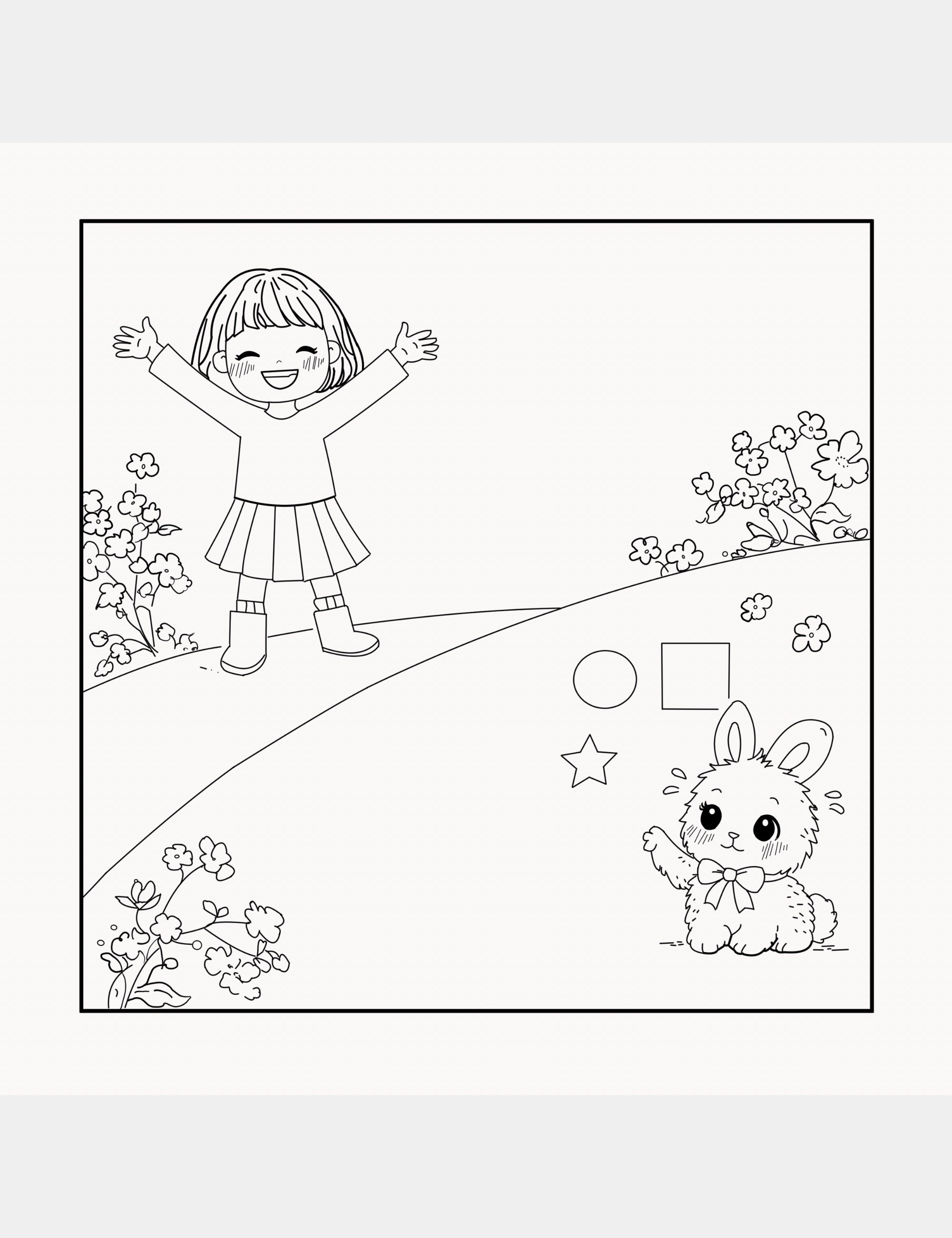 A playful preschool coloring page showing Bella and Bun learning basic shapes including circles, squares, and stars surrounded by flowers and calming nature illustrations for creative screen-free learning.