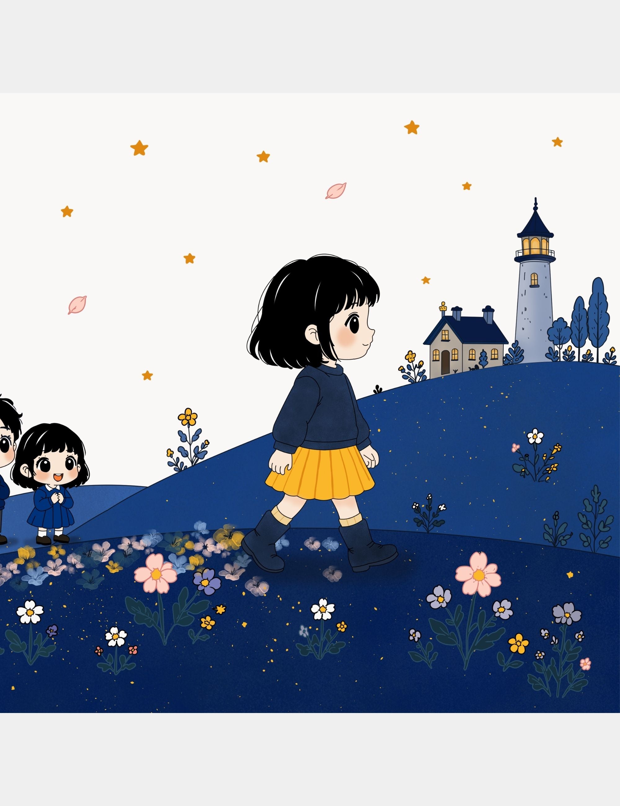 Children’s book artwork by Casey Huang featuring Bella walking with quiet courage across Big Blue as flowers bloom behind her steps and inspire other children nearby.