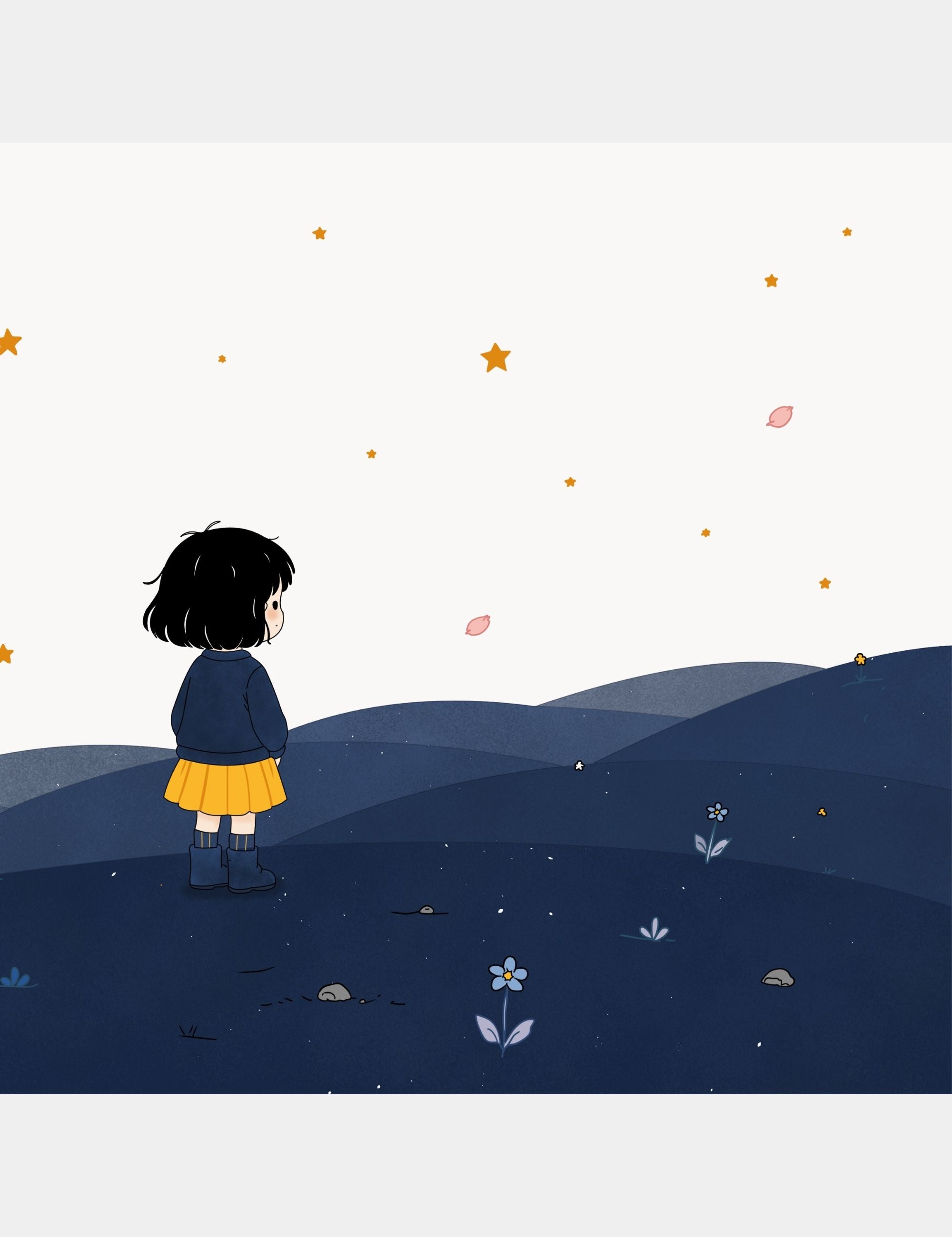 Children’s book illustration by Casey Huang featuring Bella standing alone across the quiet blue hills of Big Blue while looking toward the distance beneath glowing stars.