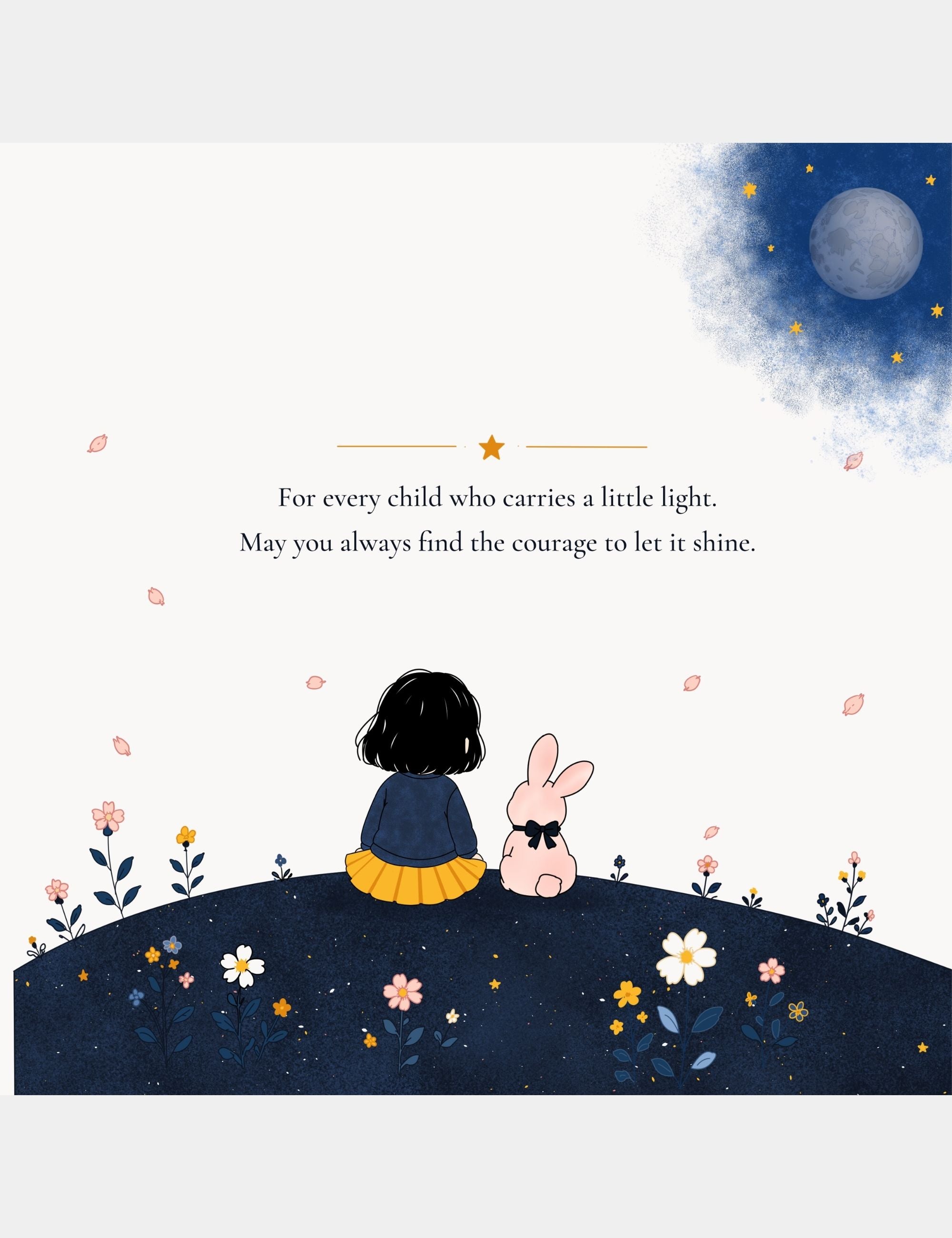 Illustrated preview spread from Bella the Sunshine Girl showing Bella and Bun sitting peacefully beneath the night sky beside a dedication about courage, hope, and gentle emotional resilience for children.