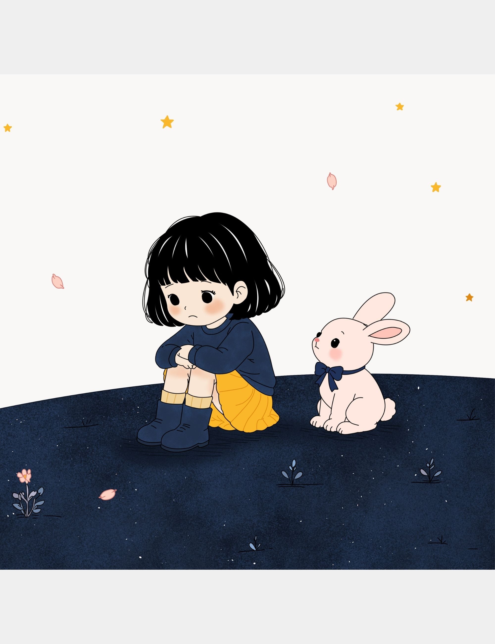 Children’s book illustration by Casey Huang featuring Bella and Bun sharing a quiet emotional moment together on the calm blue landscape of Big Blue.