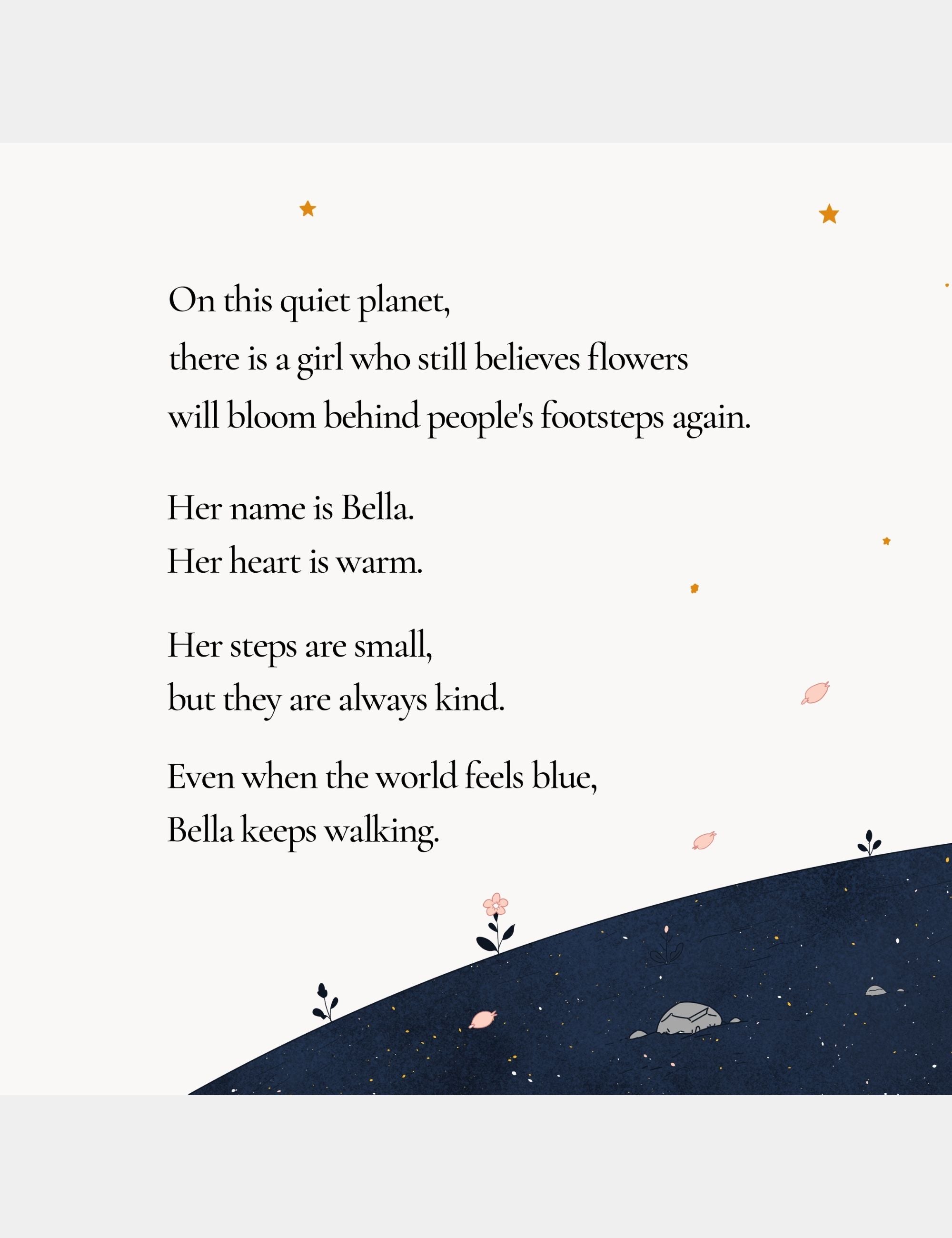 Illustrated children’s book page by Casey Huang describing Bella’s warm heart, small kind steps, and quiet courage across the blue hills of Big Blue.
