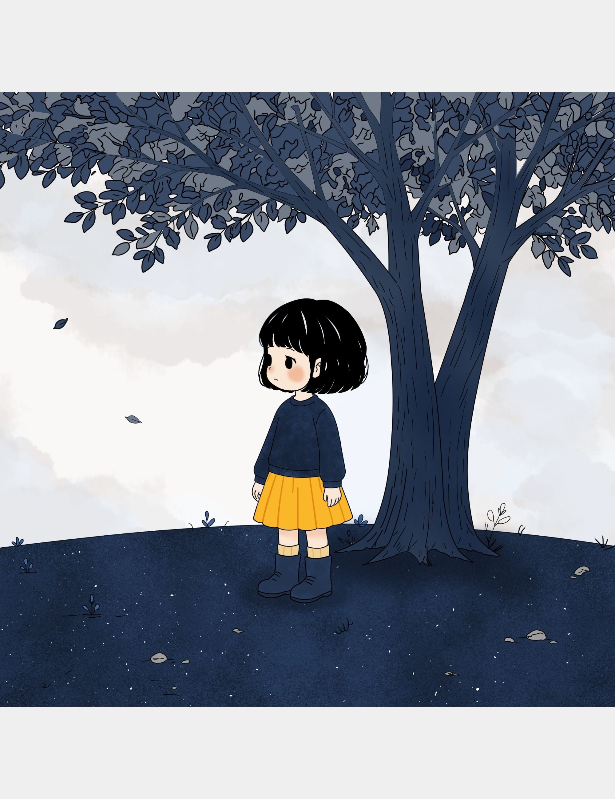 Children’s story illustration by Casey Huang featuring Bella standing beneath a large blue tree during a quiet and uncertain moment on the planet Big Blue.