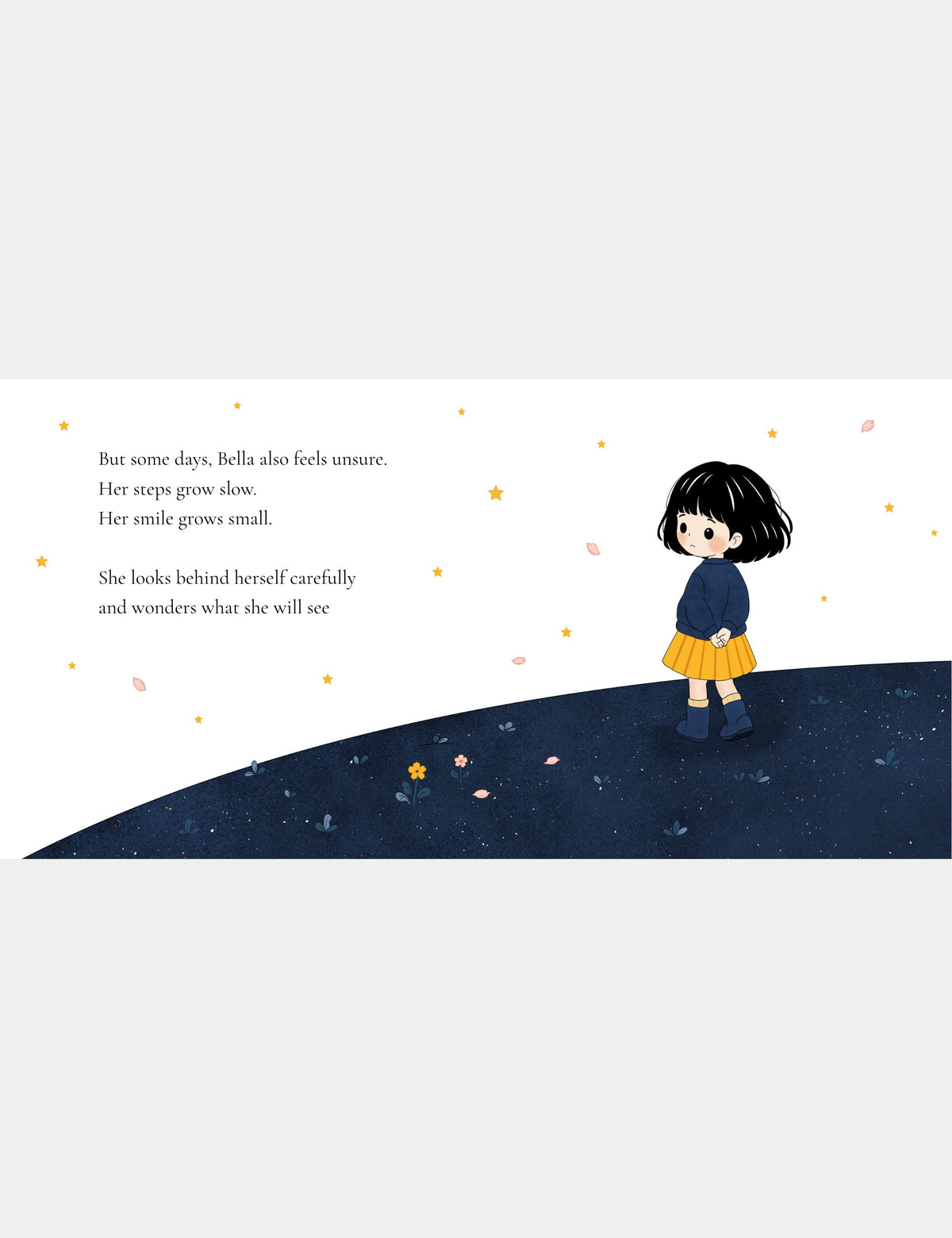 Illustration from Bella the Sunshine Girl by Casey Huang showing Bella slowing her steps and looking behind herself as she begins to feel unsure about her Flower Trail.