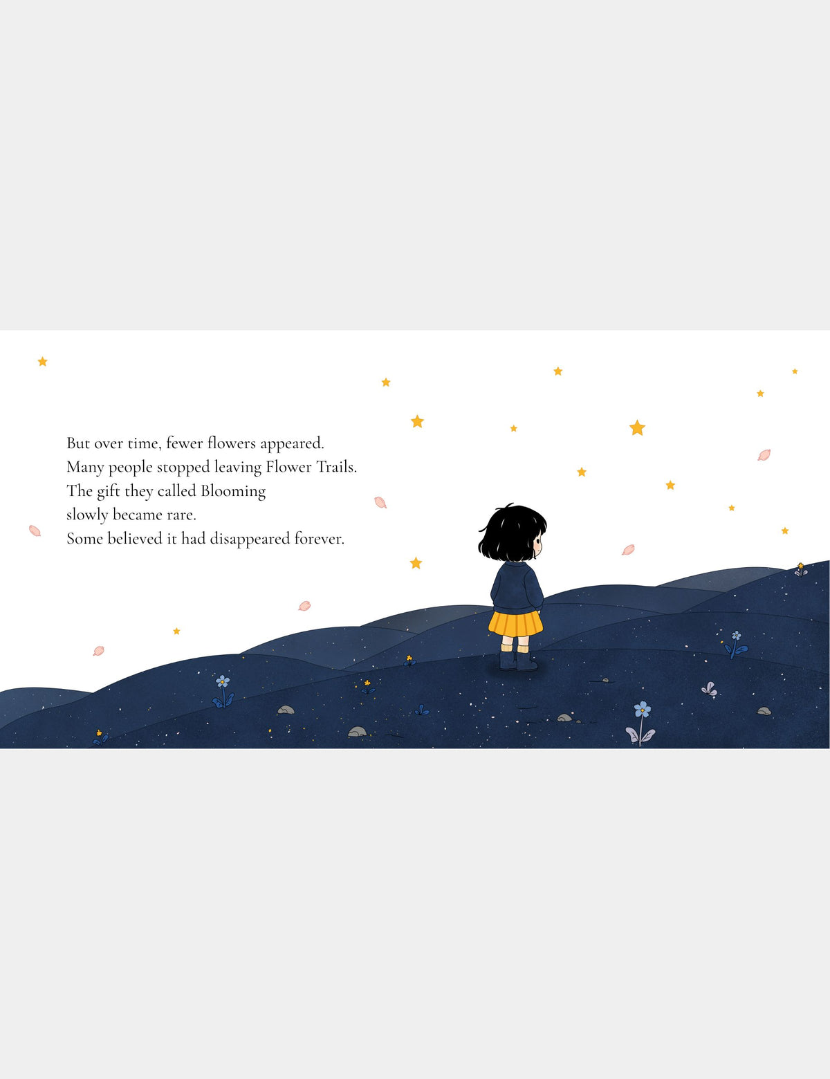 Illustration from Bella the Sunshine Girl by Casey Huang showing Bella among the blue hills of Big Blue, where fewer flowers appear as Blooming becomes rare.
