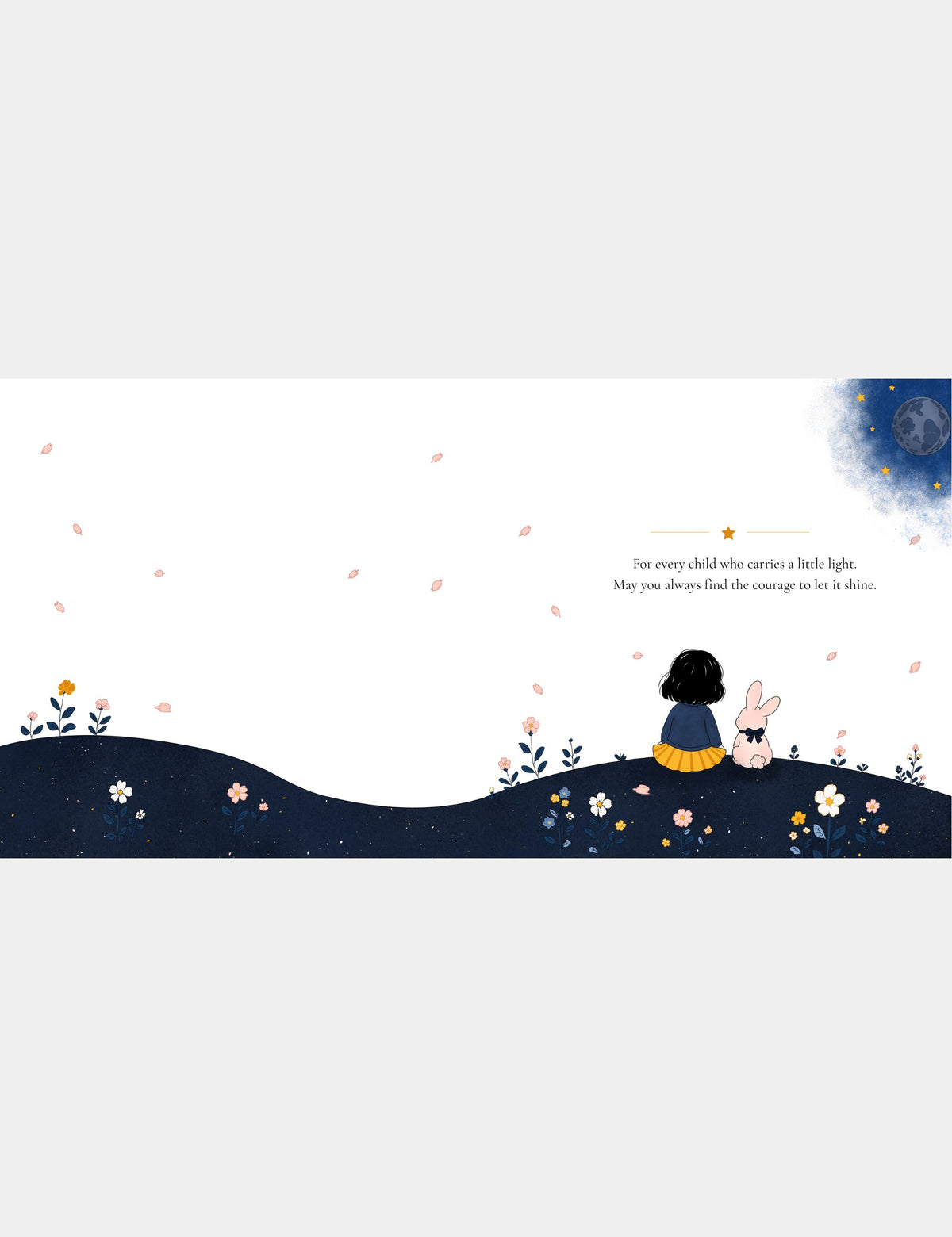 Dedication spread from Bella the Sunshine Girl by Casey Huang, featuring Bella and Bun sitting together on a flower-covered hill beneath the words, “For every child who carries a little light.”
