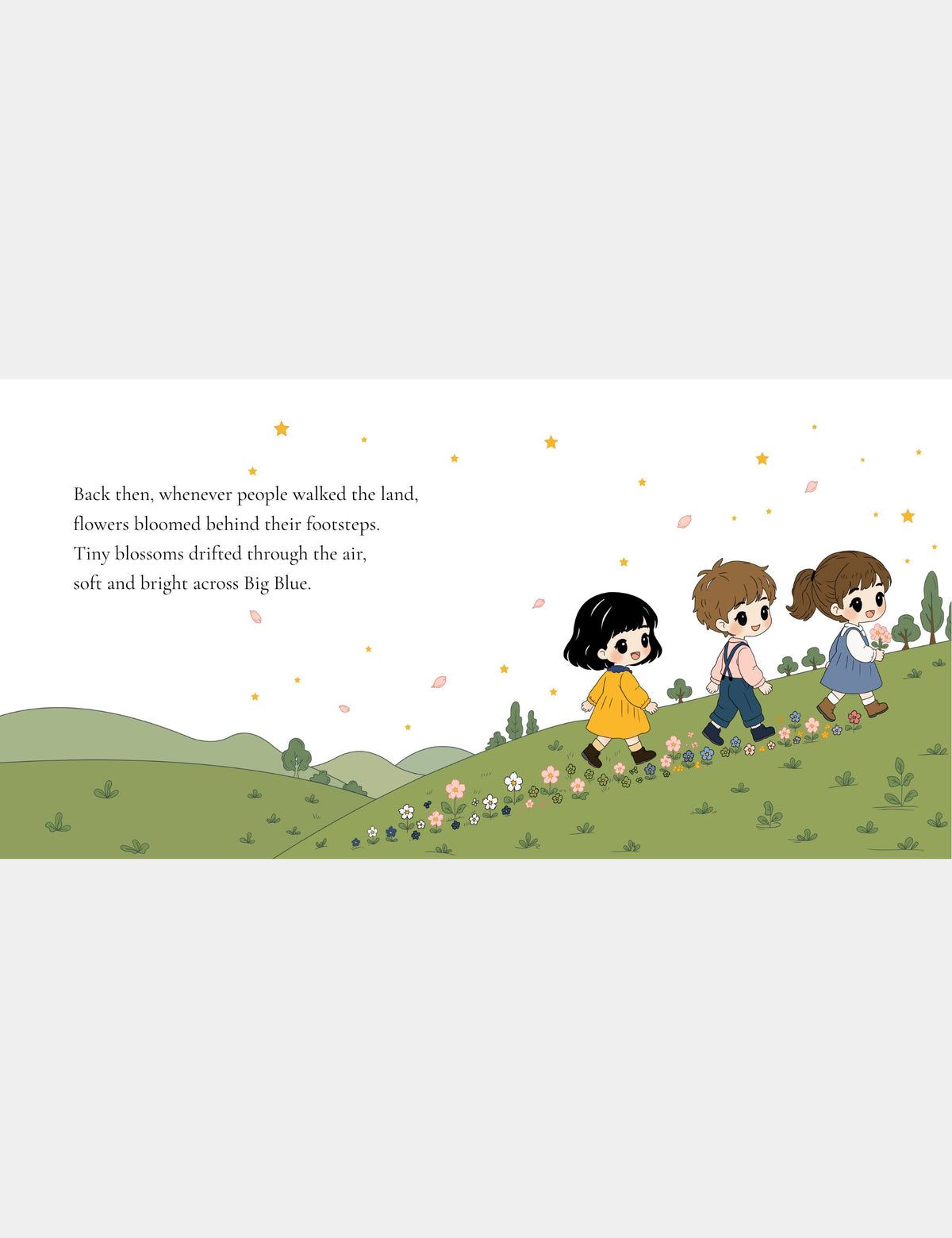 Illustration from Bella the Sunshine Girl by Casey Huang showing children leaving colorful Flower Trails behind their footsteps across the hills of Big Blue.