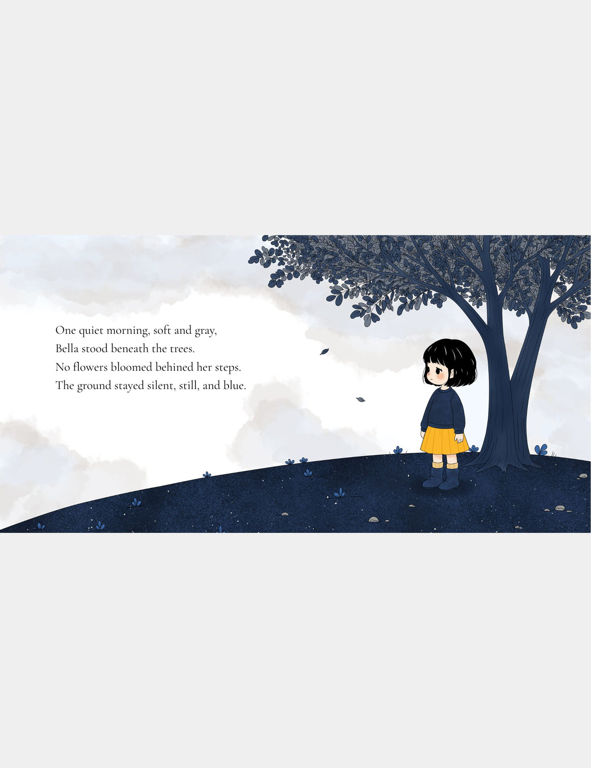 Illustration from Bella the Sunshine Girl by Casey Huang showing Bella beneath a tree as her Flower Trail disappears and the ground remains still and blue.